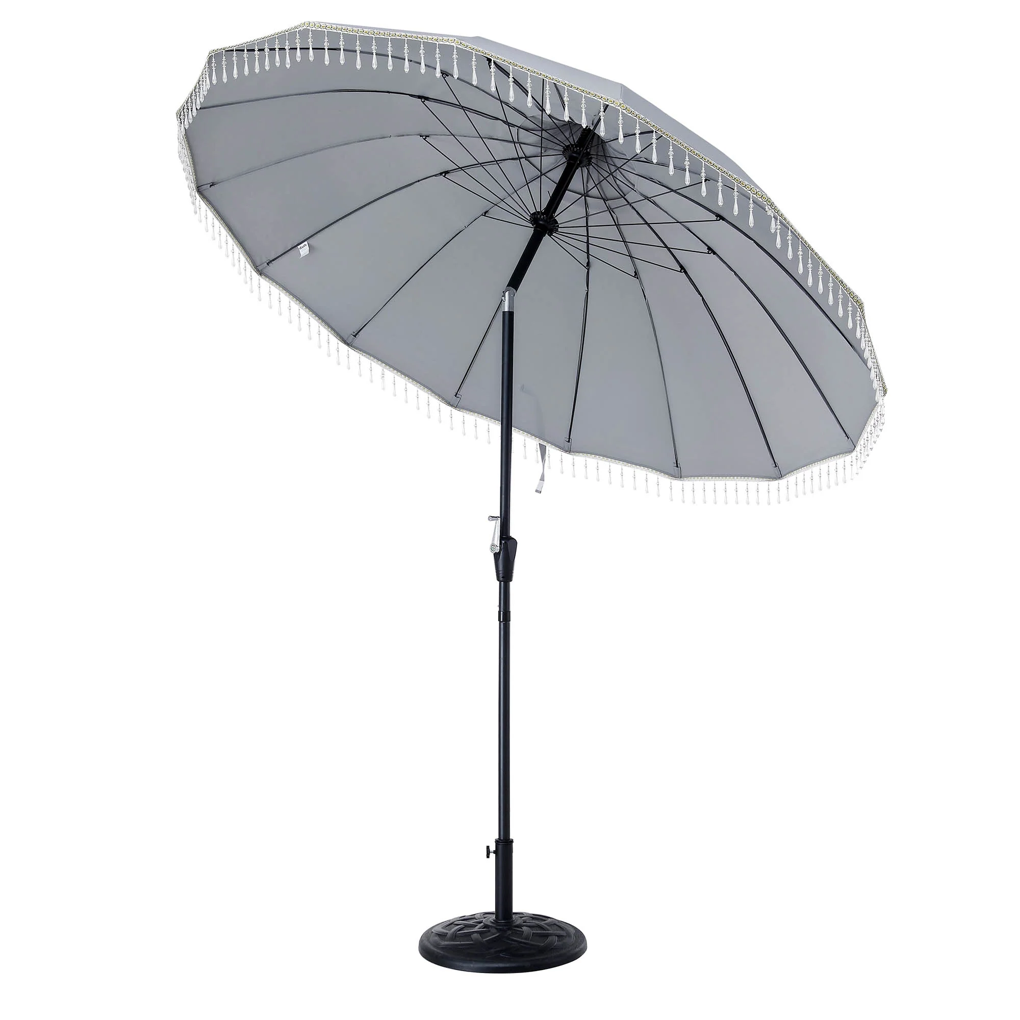 Hacienda 2.4M Light Grey Beaded Carousel Garden Parasol with Fringe Tassels and Aluminium Tilt - Image 4
