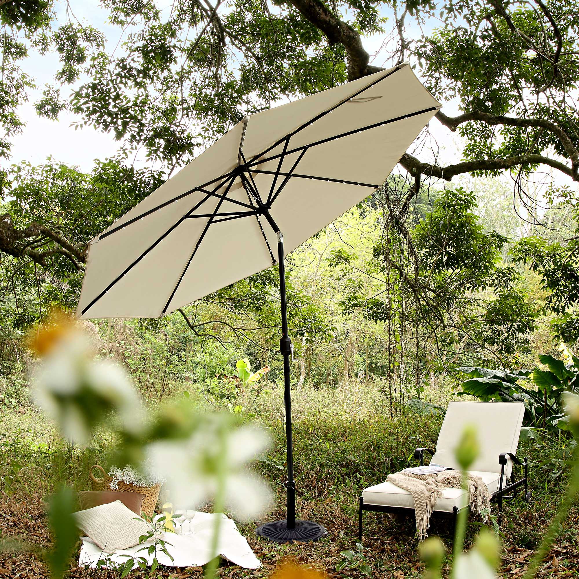 3M LED Light Aluminium Frame Garden Parasol with Tilt Crank, Beige - Image 3