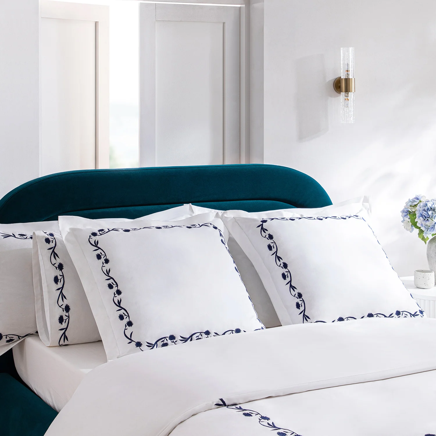 Adeline Midnight Blue Floral Embroidered 600 Thread Count Cotton Sateen Continental Square Pillowcases - Pair - Image 4