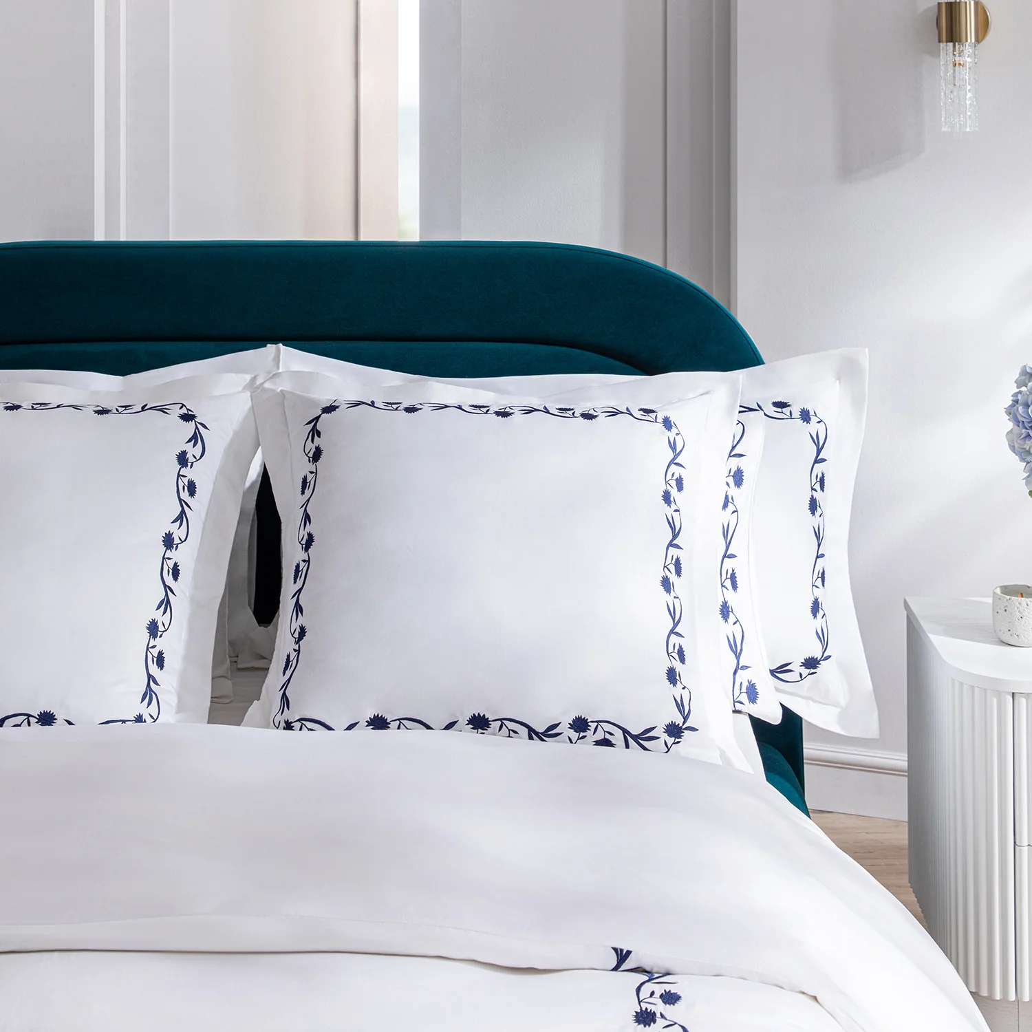 Adeline Midnight Blue Floral Embroidered 600 Thread Count Cotton Sateen Continental Square Pillowcases - Pair - Image 5