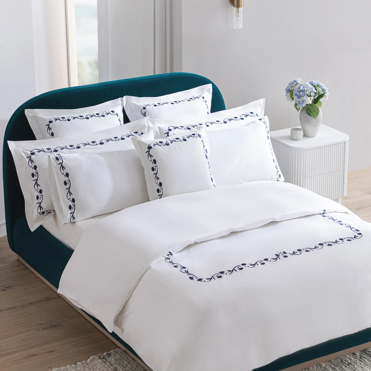 Adeline Midnight Blue Floral Embroidered 600 Thread Count Cotton Sateen Duvet Set - Image 3