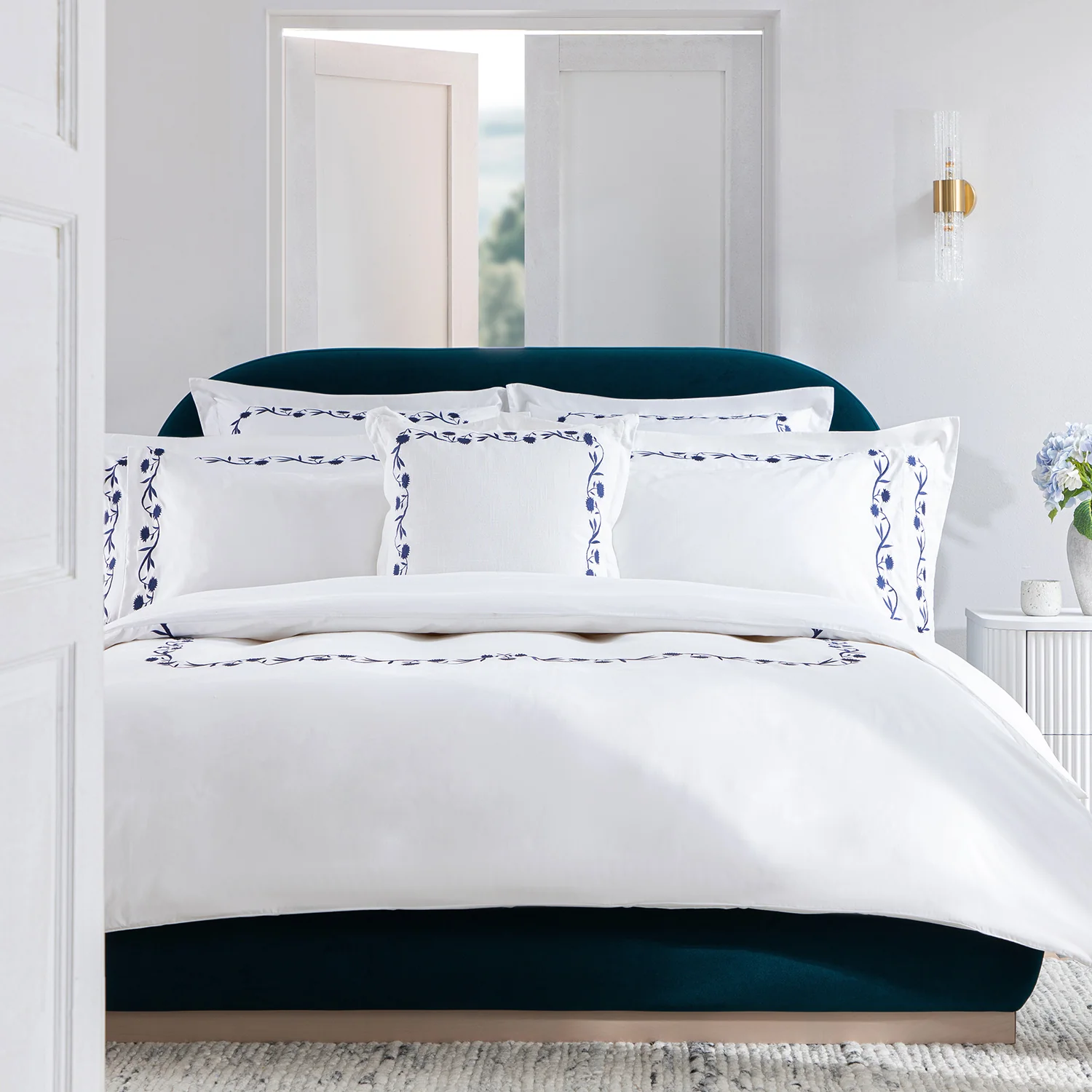 Adeline Midnight Blue Floral Embroidered 600 Thread Count Cotton Sateen Duvet Set - Image 4