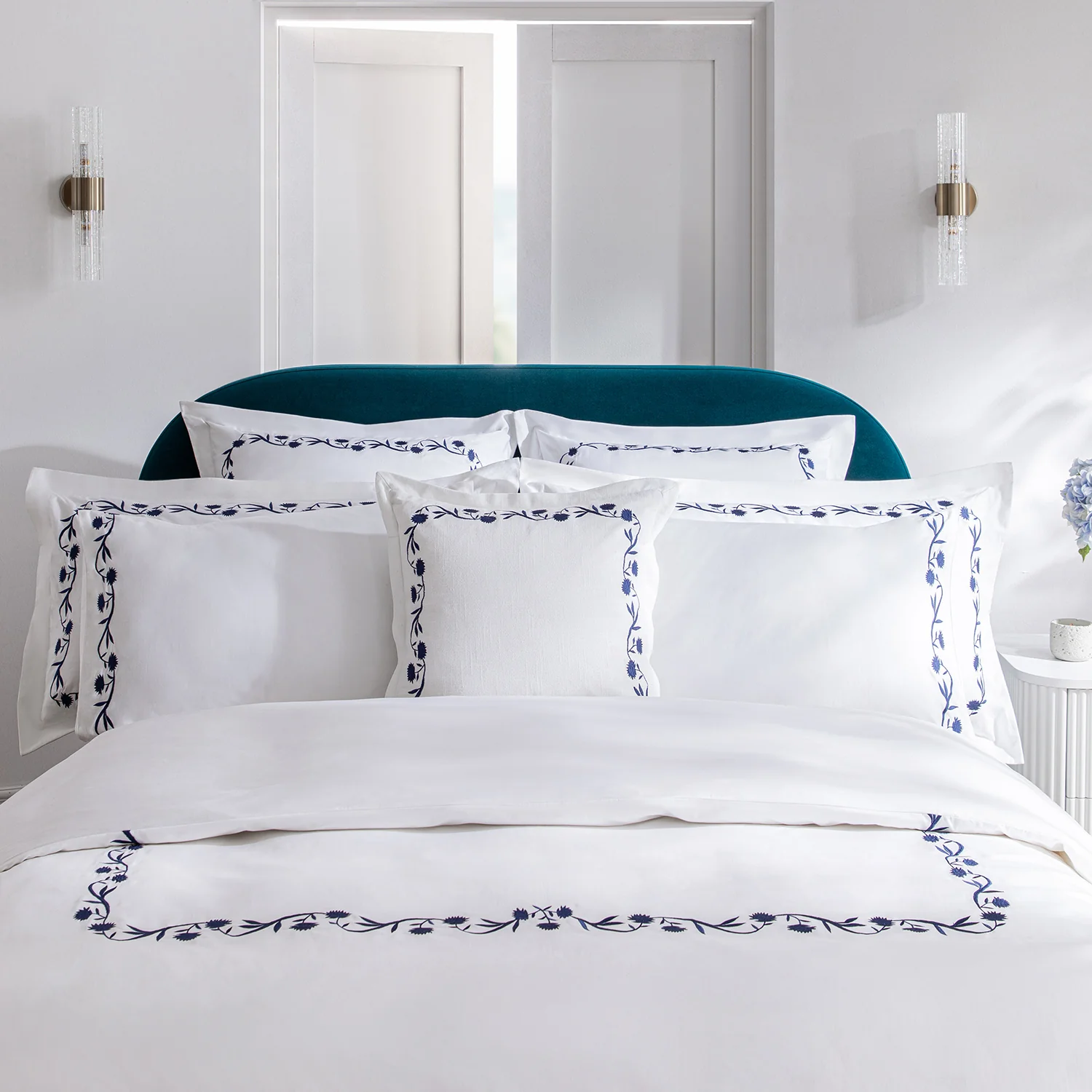 Adeline Midnight Blue Floral Embroidered 600 Thread Count Cotton Sateen Duvet Set - Image 5