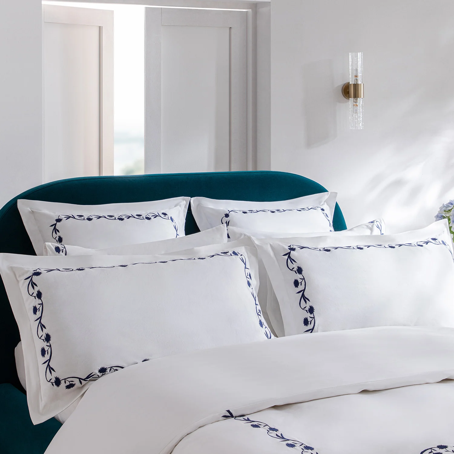 Adeline Midnight Blue Floral Embroidered 600 Thread Count Cotton Sateen King Size Oxford Pillowcases - Pair - Image 5
