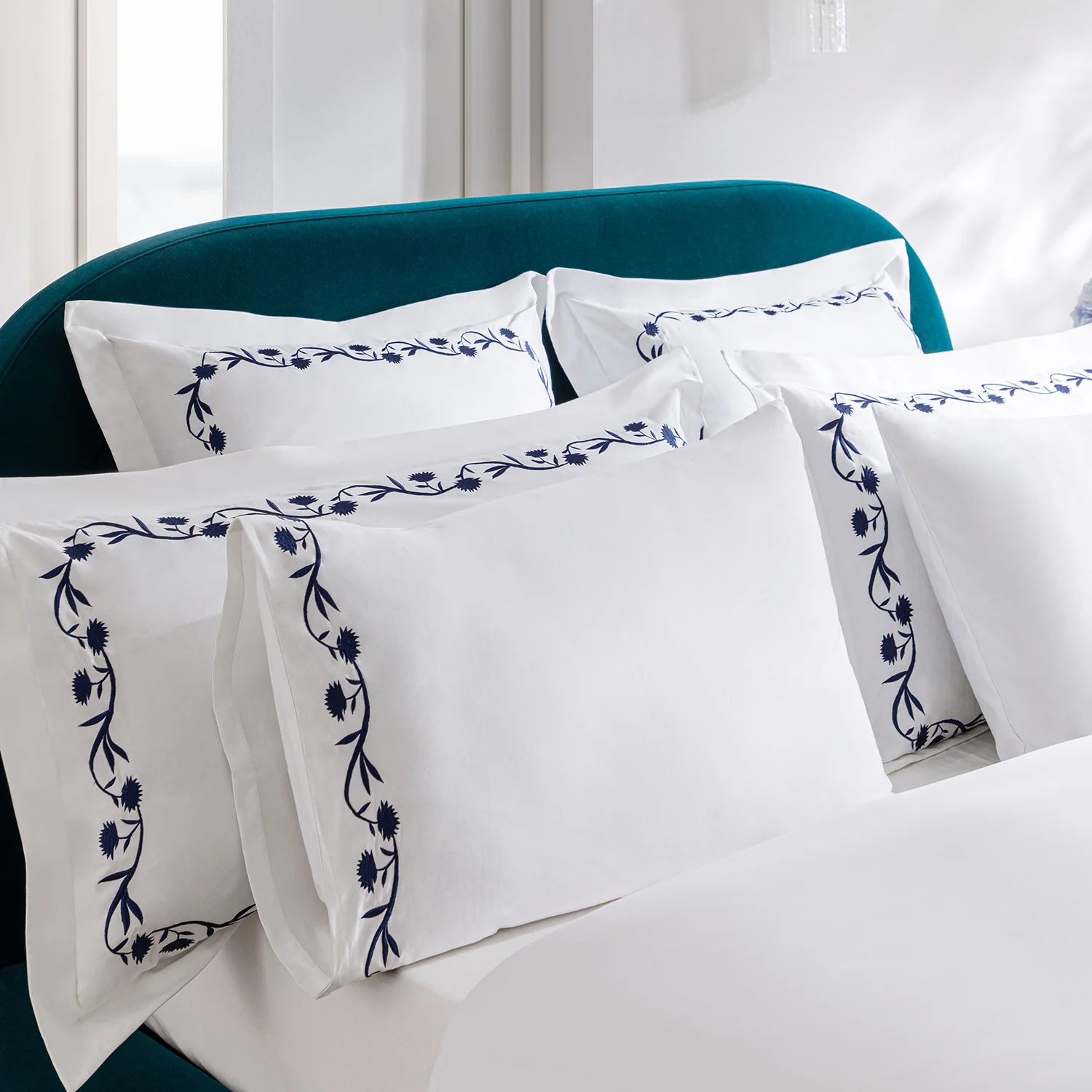Adeline Midnight Blue Floral Embroidered 600 Thread Count Cotton Sateen Regular Pillowcases - Pair - Image 4