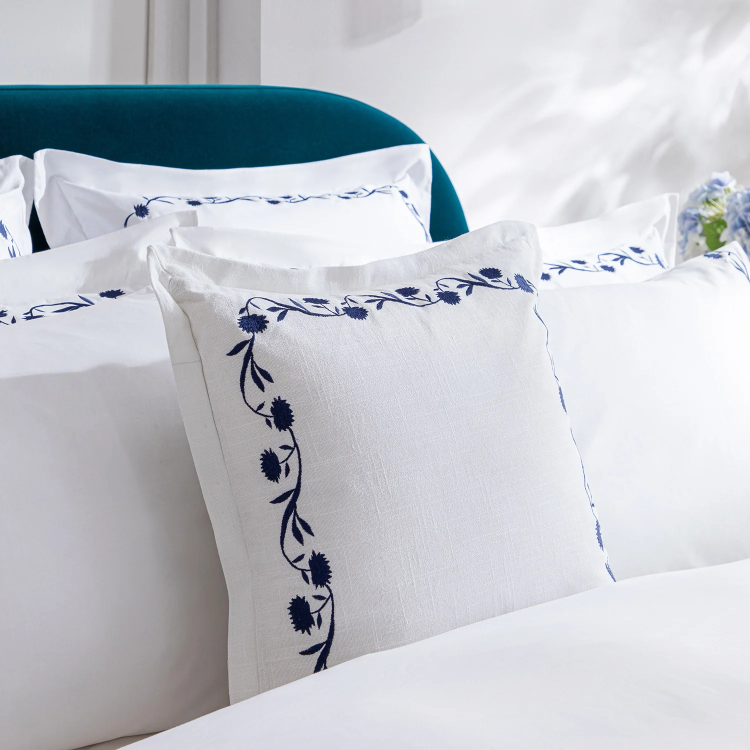 Adeline Midnight Blue Floral Embroidered Cotton Cushion - Image 6