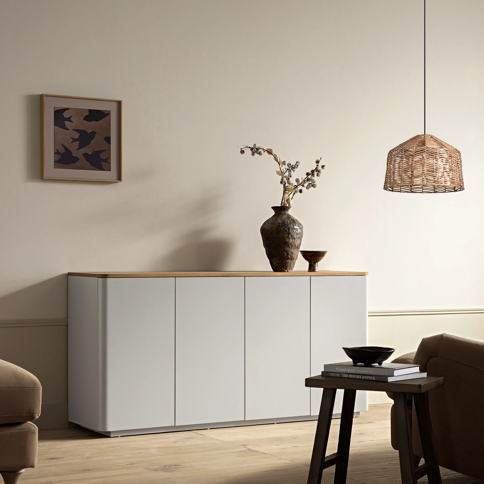 Agnes Curved Edge 150cm Wide Sideboard, Dove Grey with Oak Top - Image 2