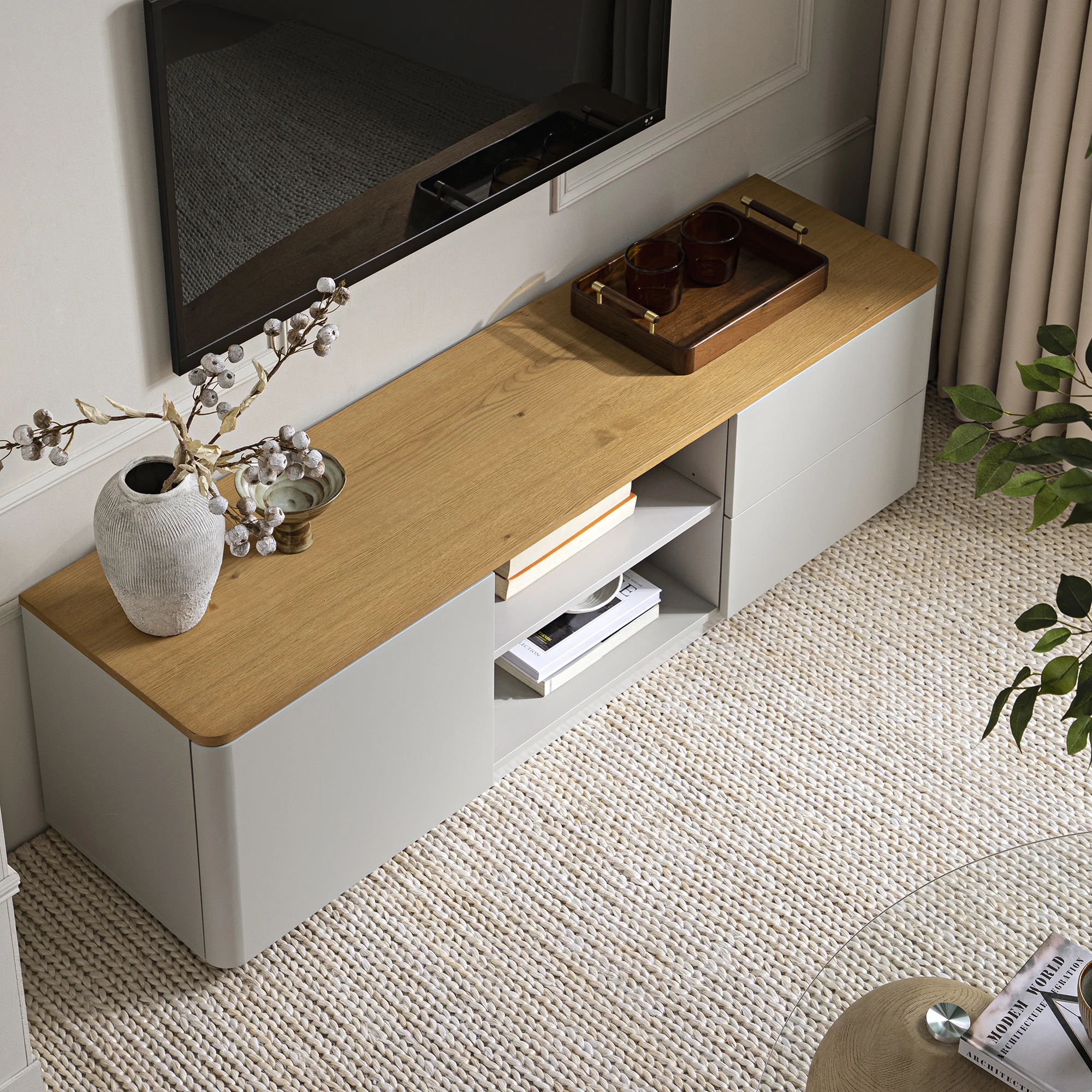 Agnes Curved Edge 150cm Wide TV Unit, Dove Grey with Oak Top - Image 3