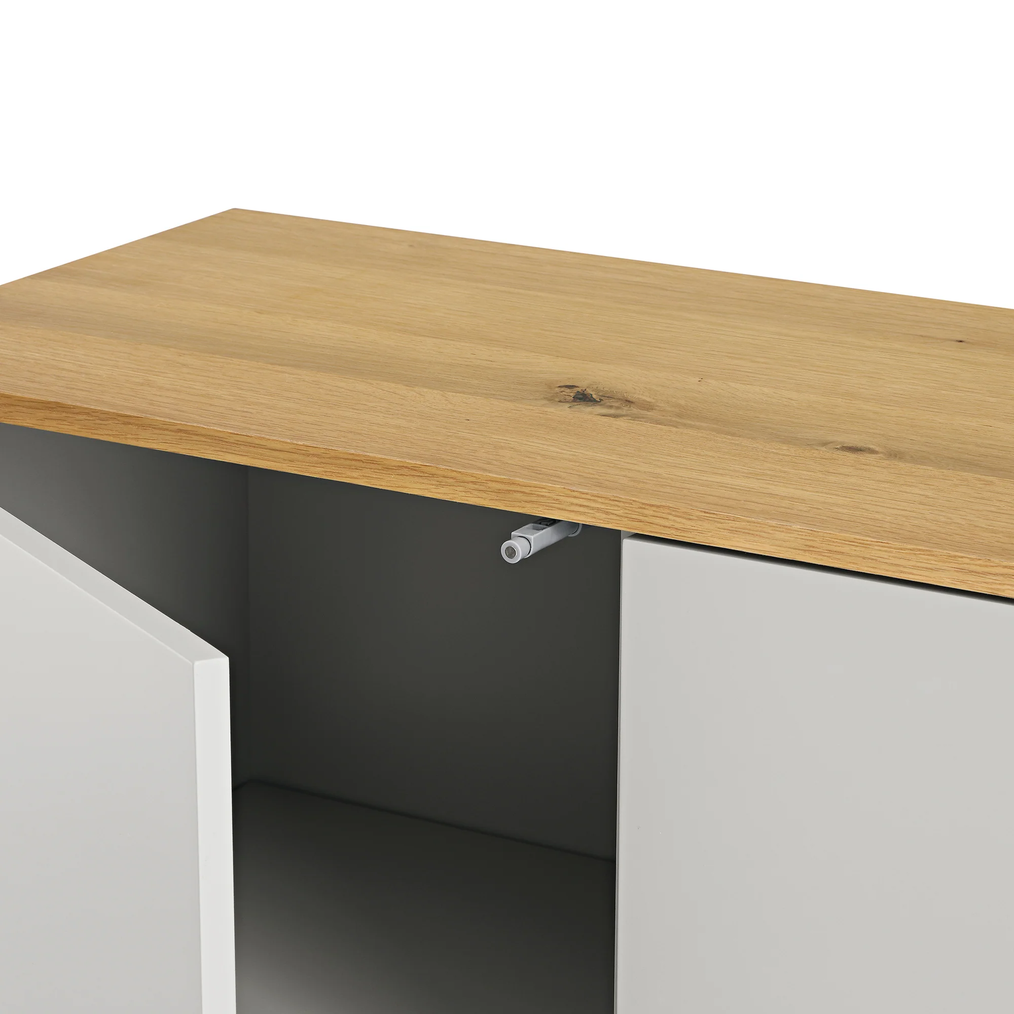 Agnes Curved Edge 2 Door 3 Drawer Wide Sideboard, Dove Grey with Oak Top - Image 14