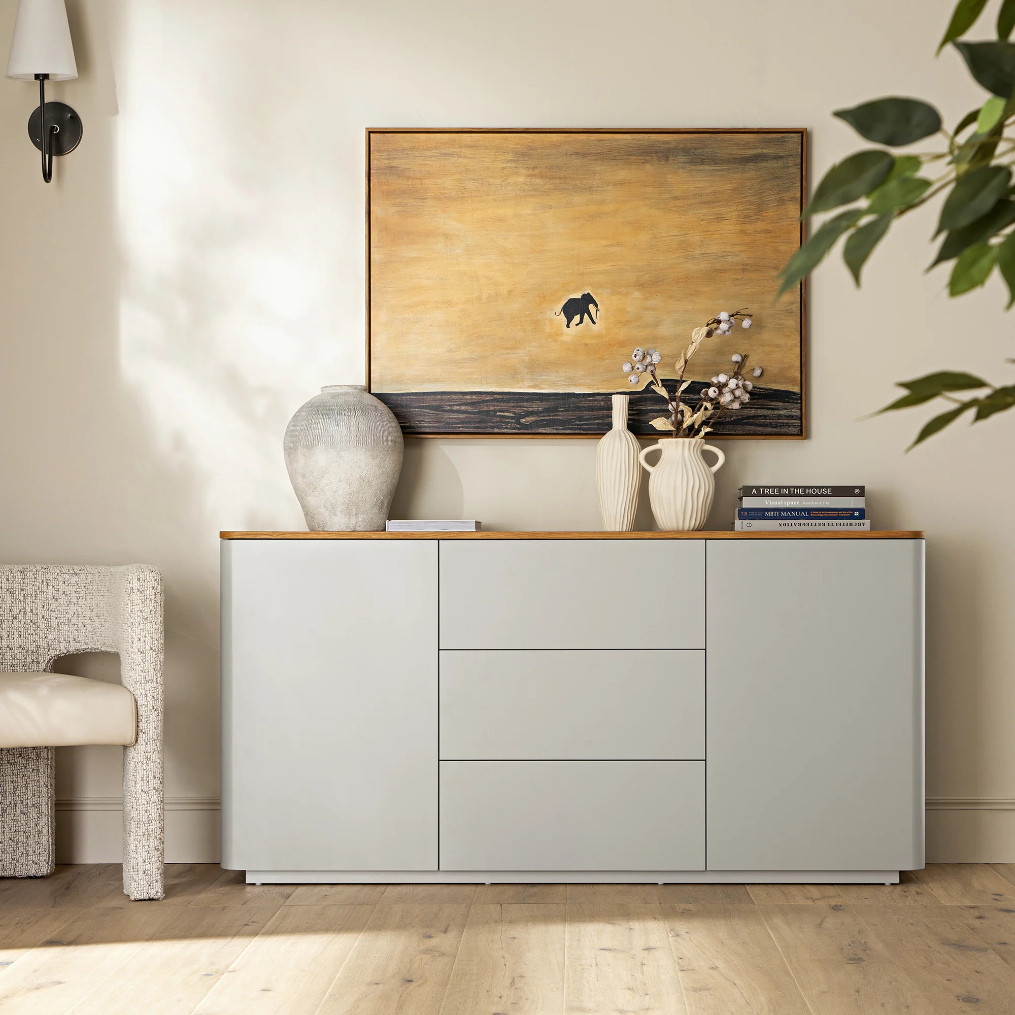 Agnes Curved Edge 2 Door 3 Drawer Wide Sideboard, Dove Grey with Oak Top - Image 2