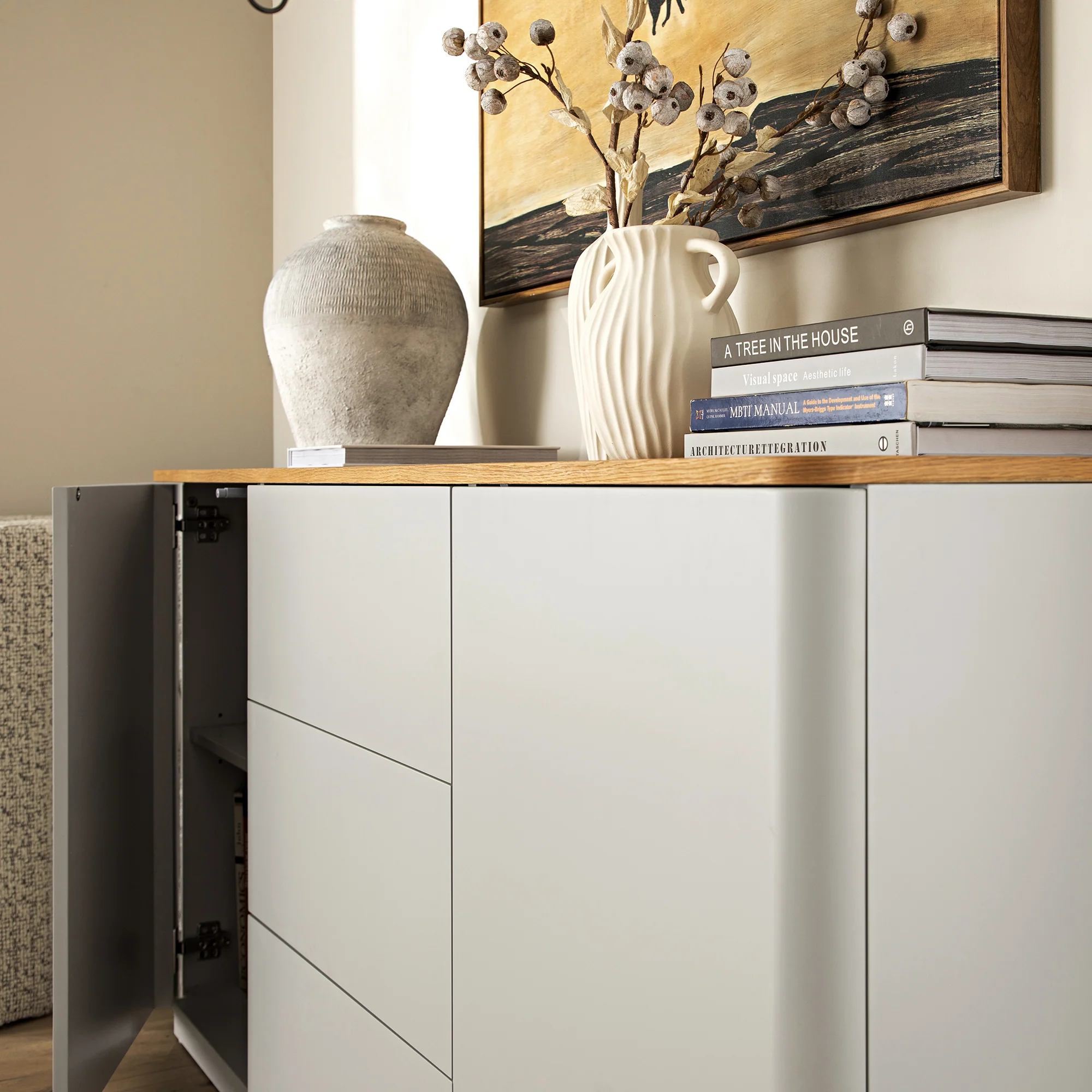 Agnes Curved Edge 2 Door 3 Drawer Wide Sideboard, Dove Grey with Oak Top - Image 4