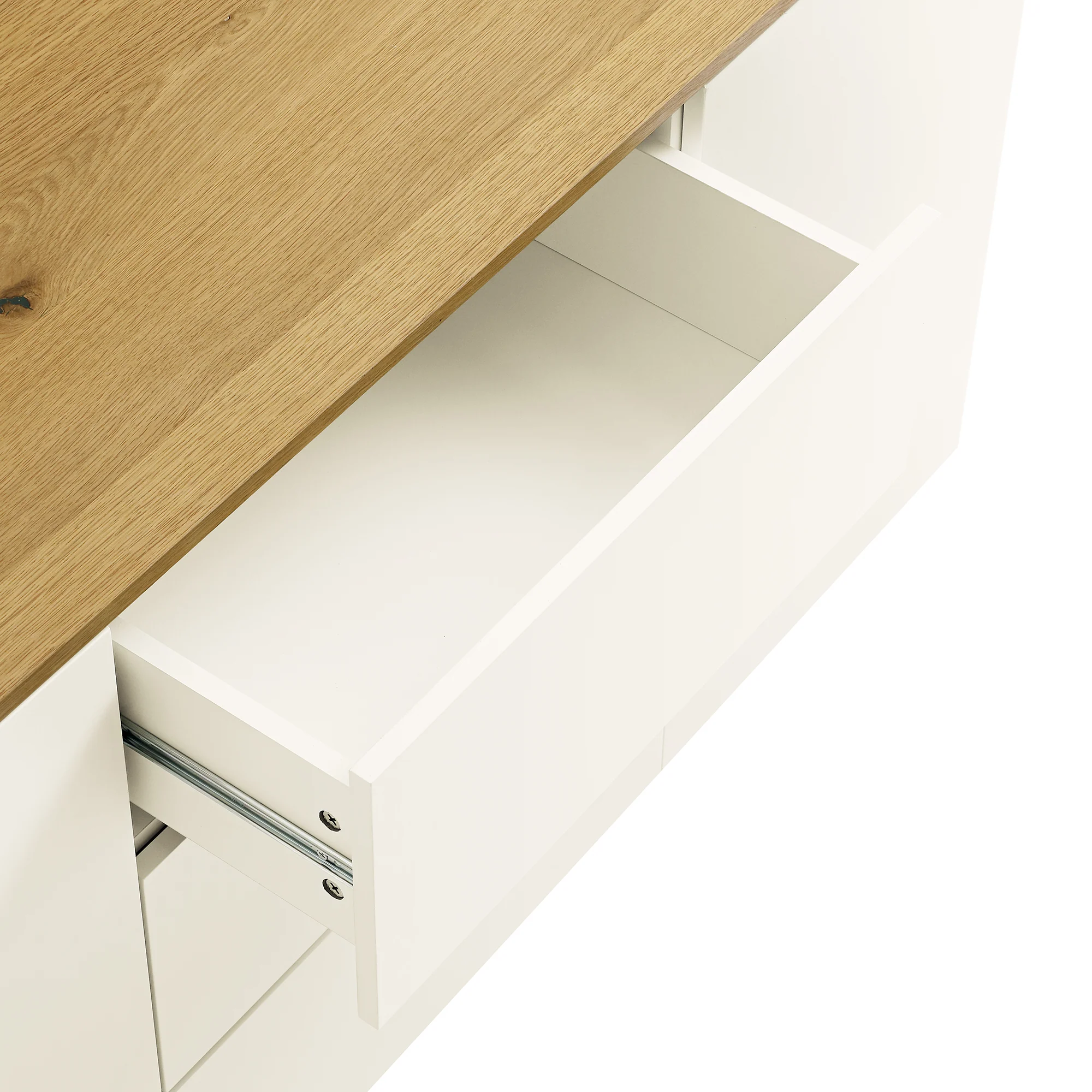 Agnes Curved Edge 2 Door 3 Drawer Wide Sideboard, Off White with Oak Top - Image 15