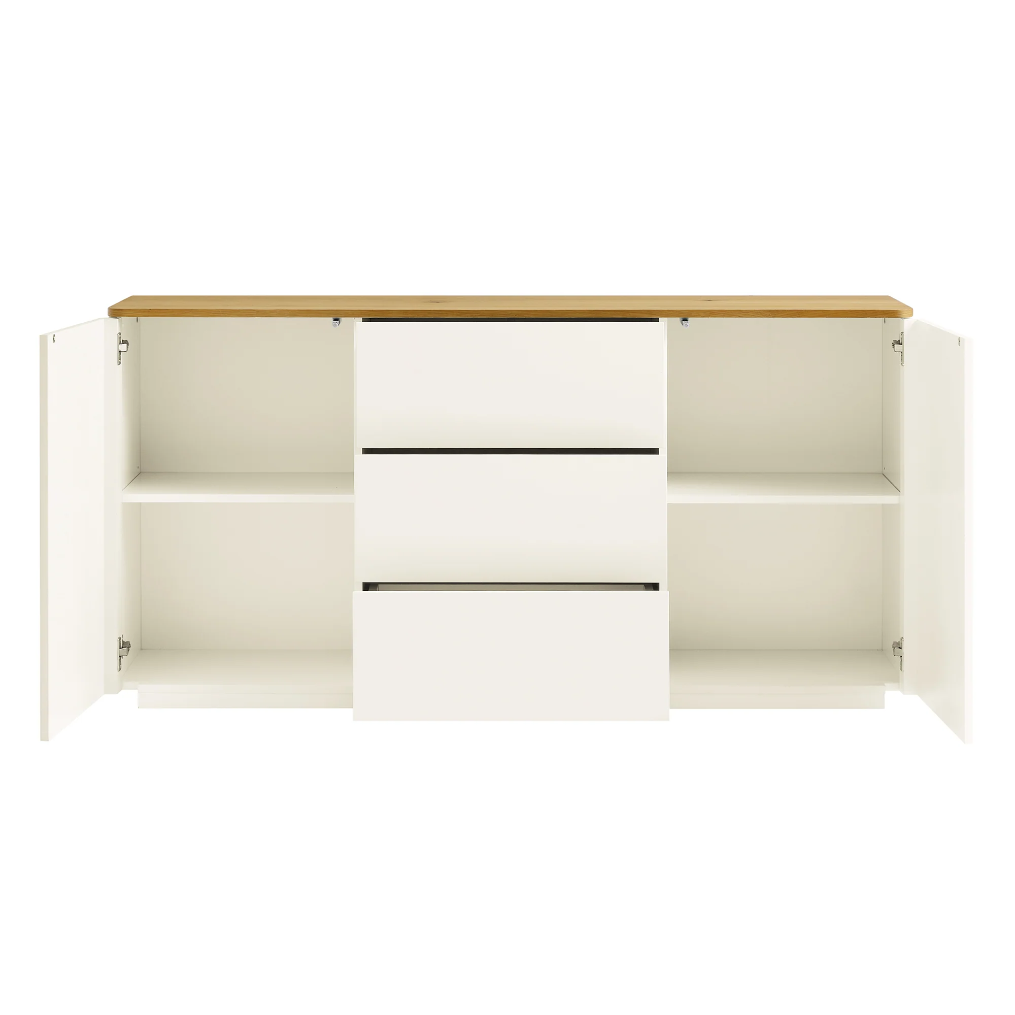 Agnes Curved Edge 2 Door 3 Drawer Wide Sideboard, Off White with Oak Top - Image 8