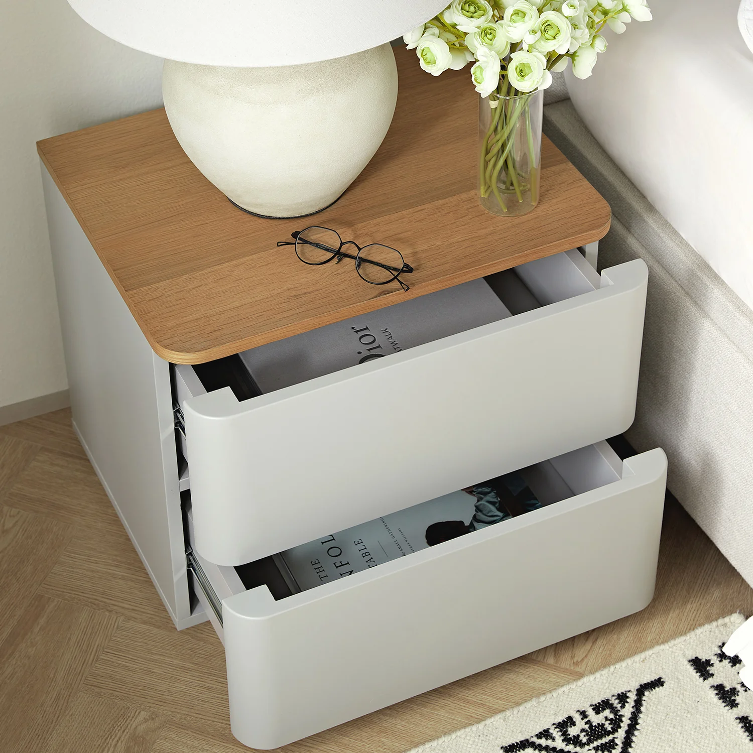 Agnes Curved Edge 2 Drawer Bedside Table, Dove Grey with Oak Top - Image 3