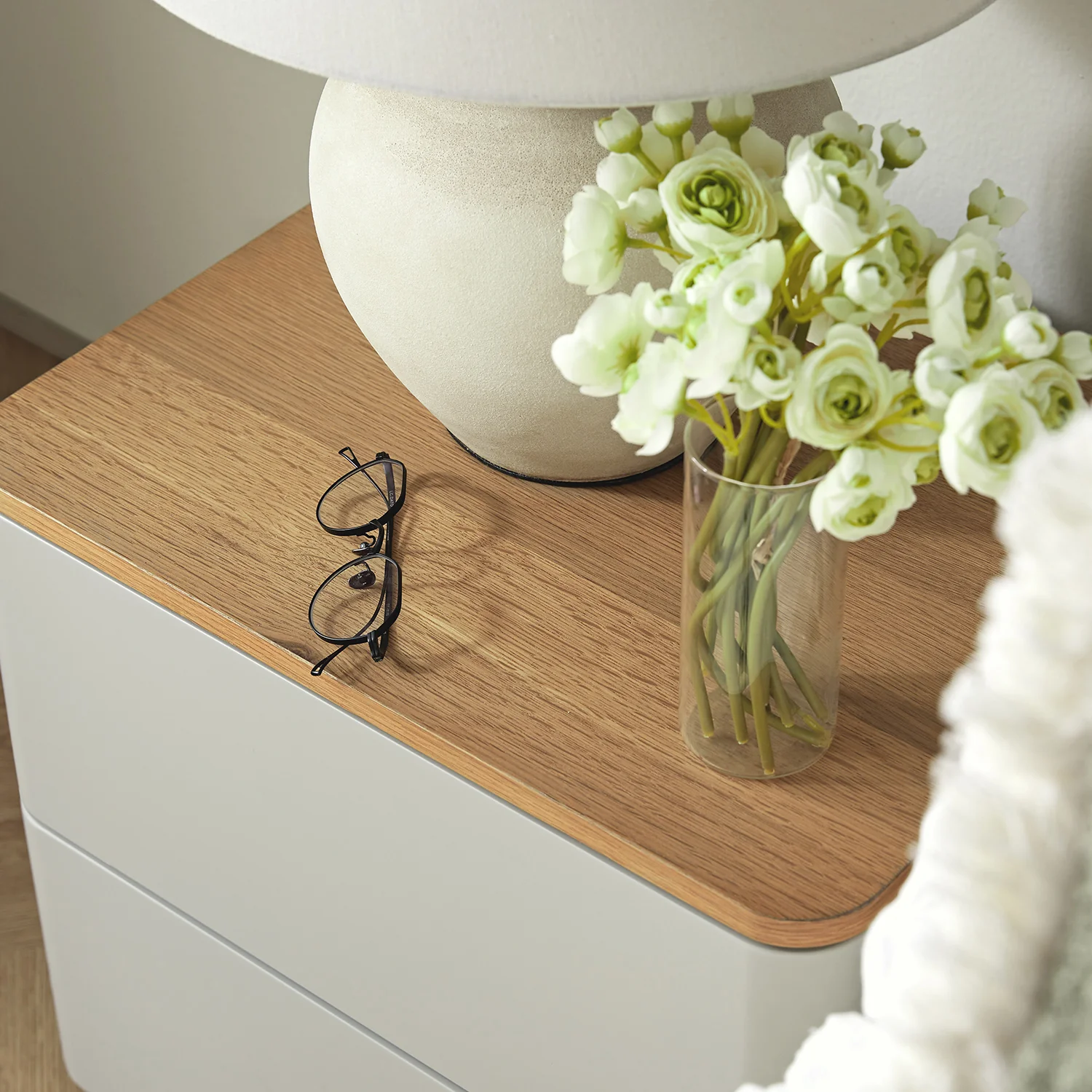Agnes Curved Edge 2 Drawer Bedside Table, Dove Grey with Oak Top - Image 5