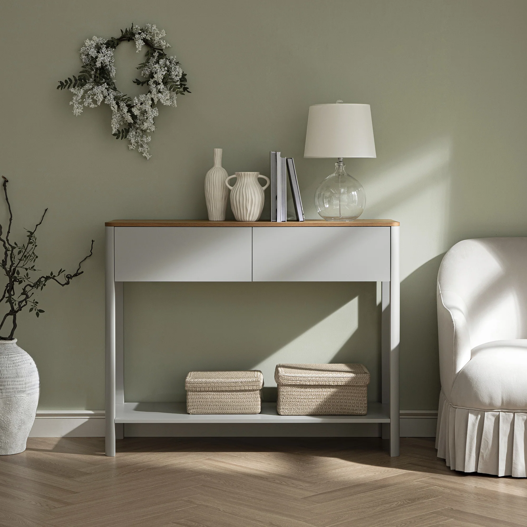 Agnes Curved Edge 2 Drawer Console Table, Dove Grey with Oak Top - Image 2