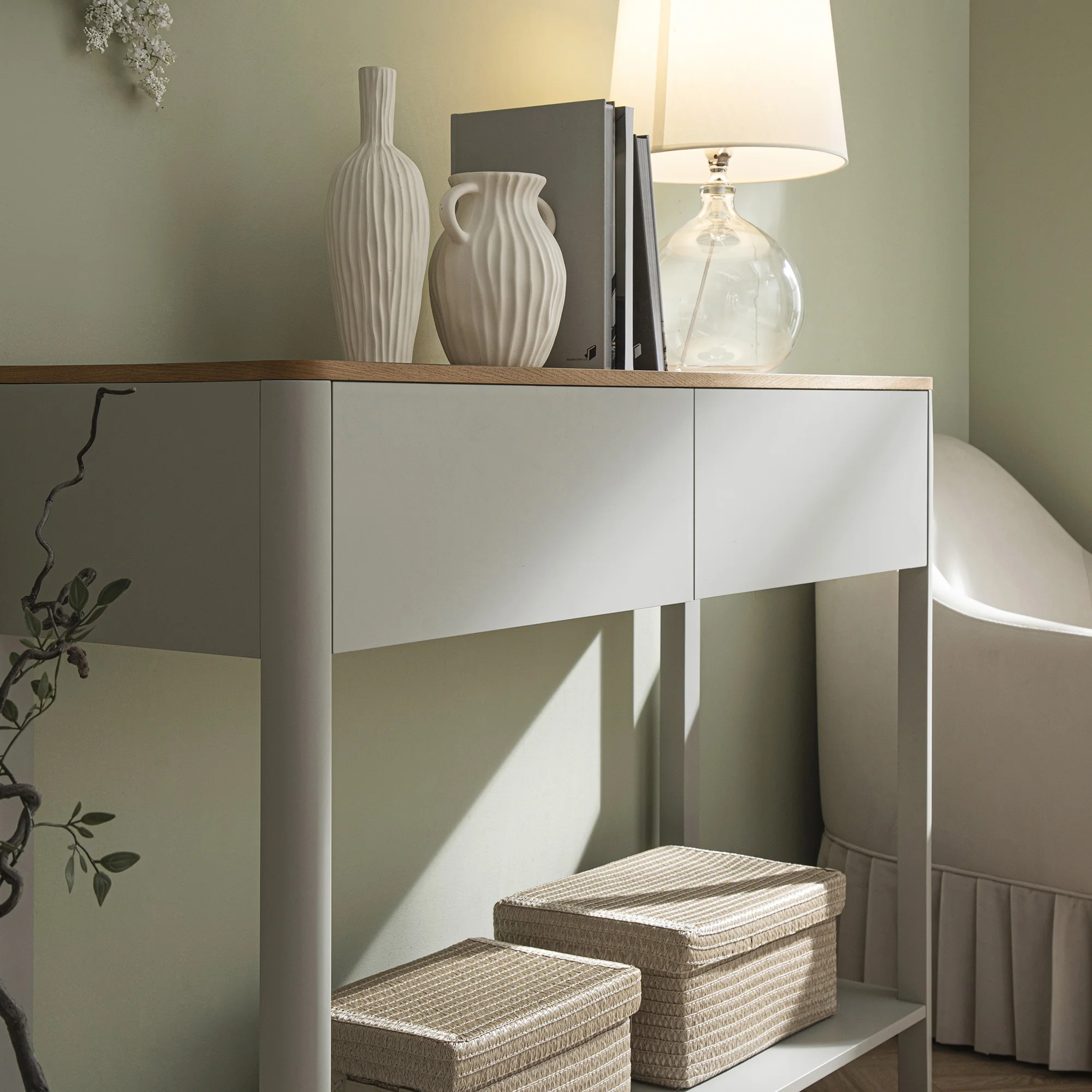 Agnes Curved Edge 2 Drawer Console Table, Dove Grey with Oak Top - Image 4