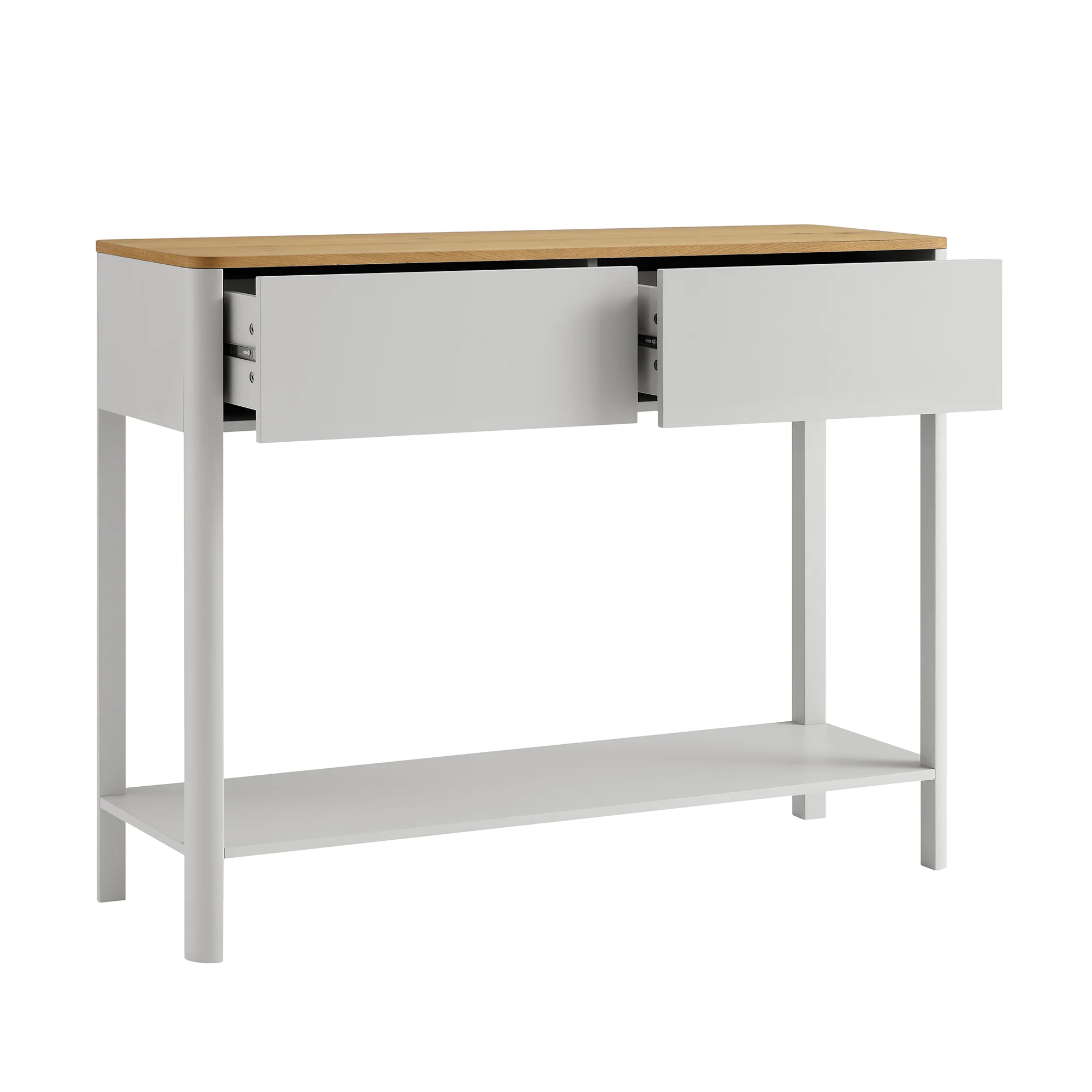 Agnes Curved Edge 2 Drawer Console Table, Dove Grey with Oak Top - Image 8