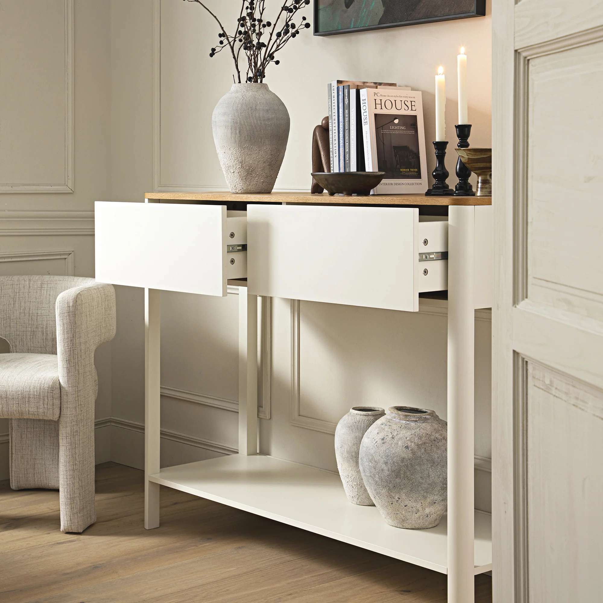 Agnes Curved Edge 2 Drawer Console Table, Off White with Oak Top - Image 3