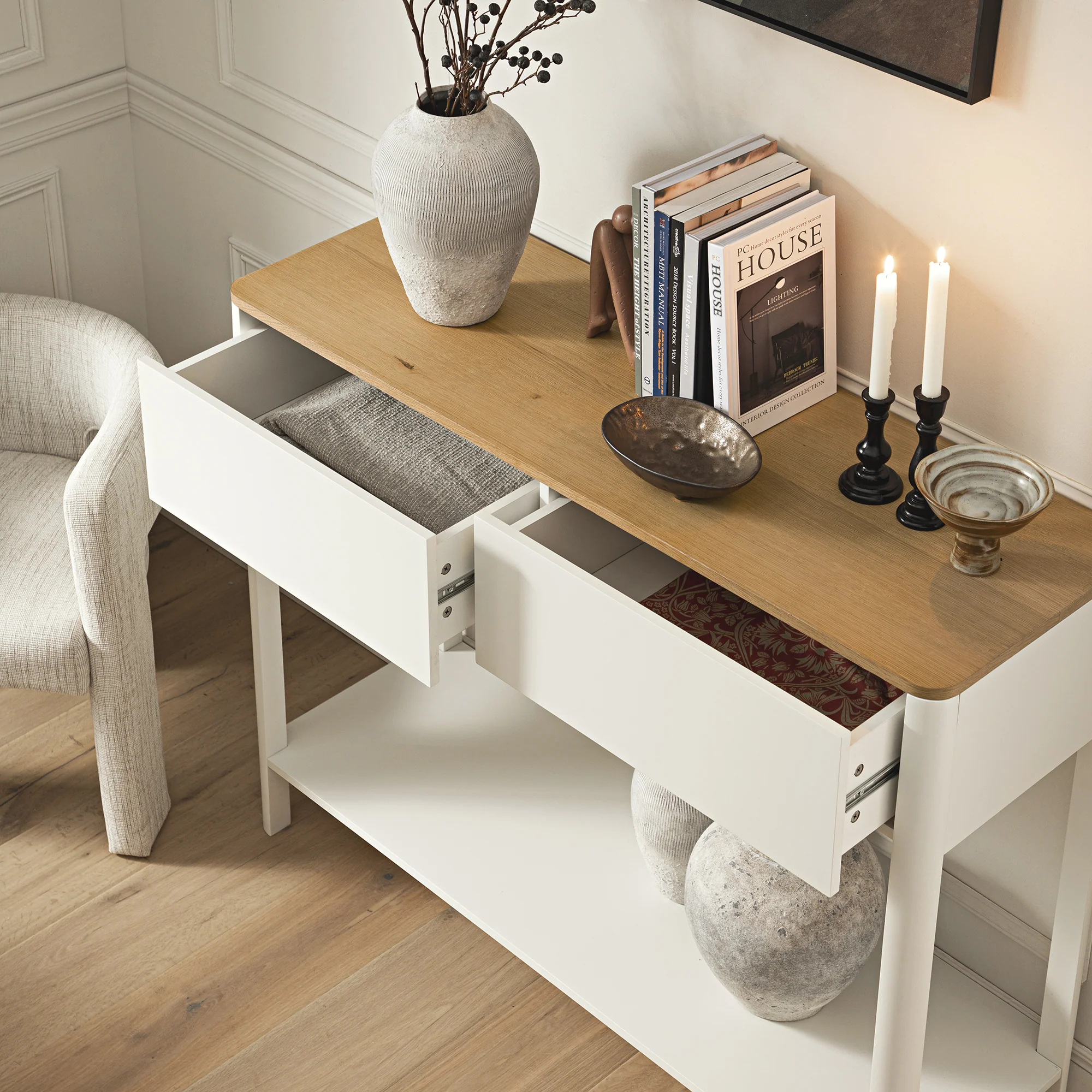 Agnes Curved Edge 2 Drawer Console Table, Off White with Oak Top - Image 4