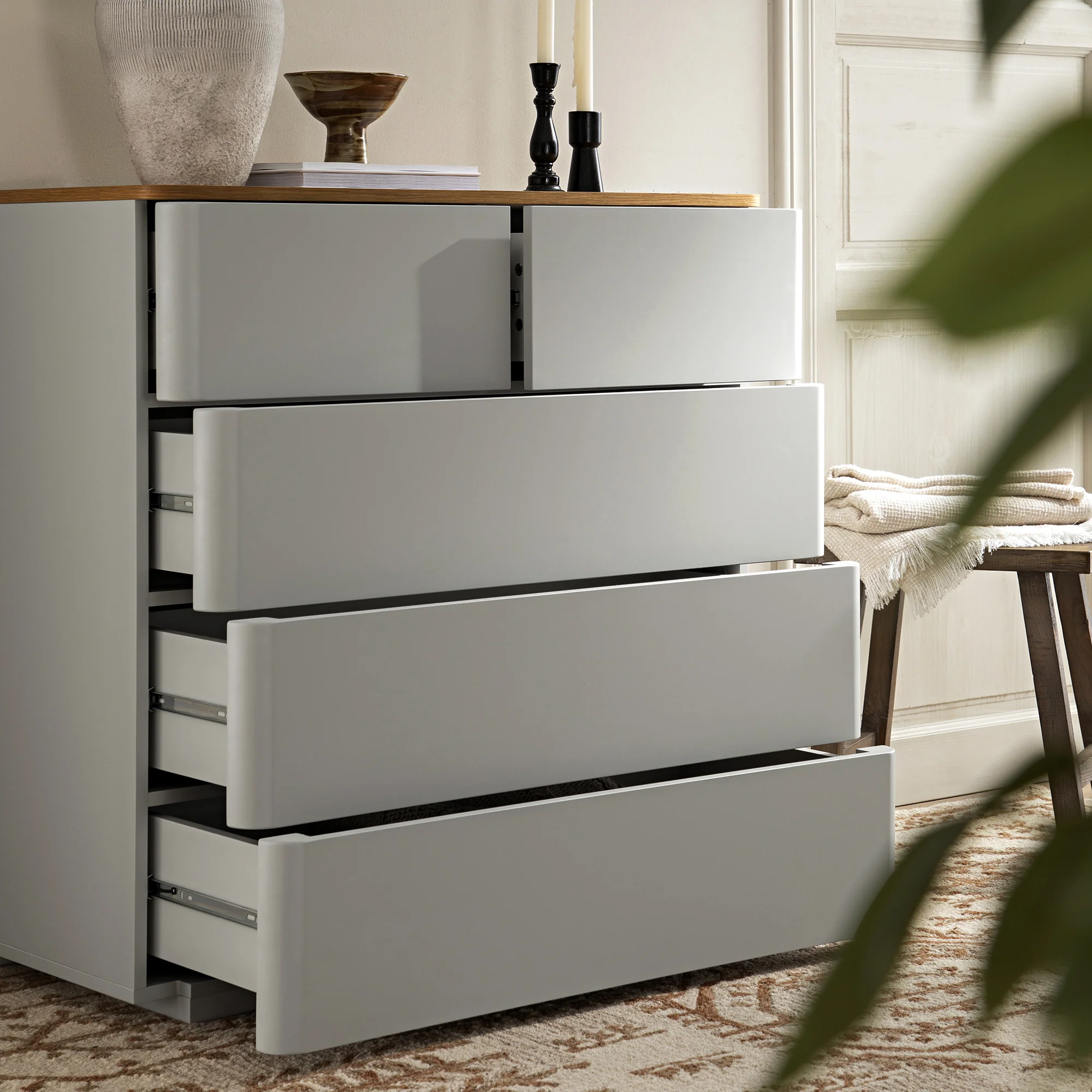 Agnes Curved Edge 2 over 3 Chest of Drawers, Dove Grey with Oak Top - Image 3