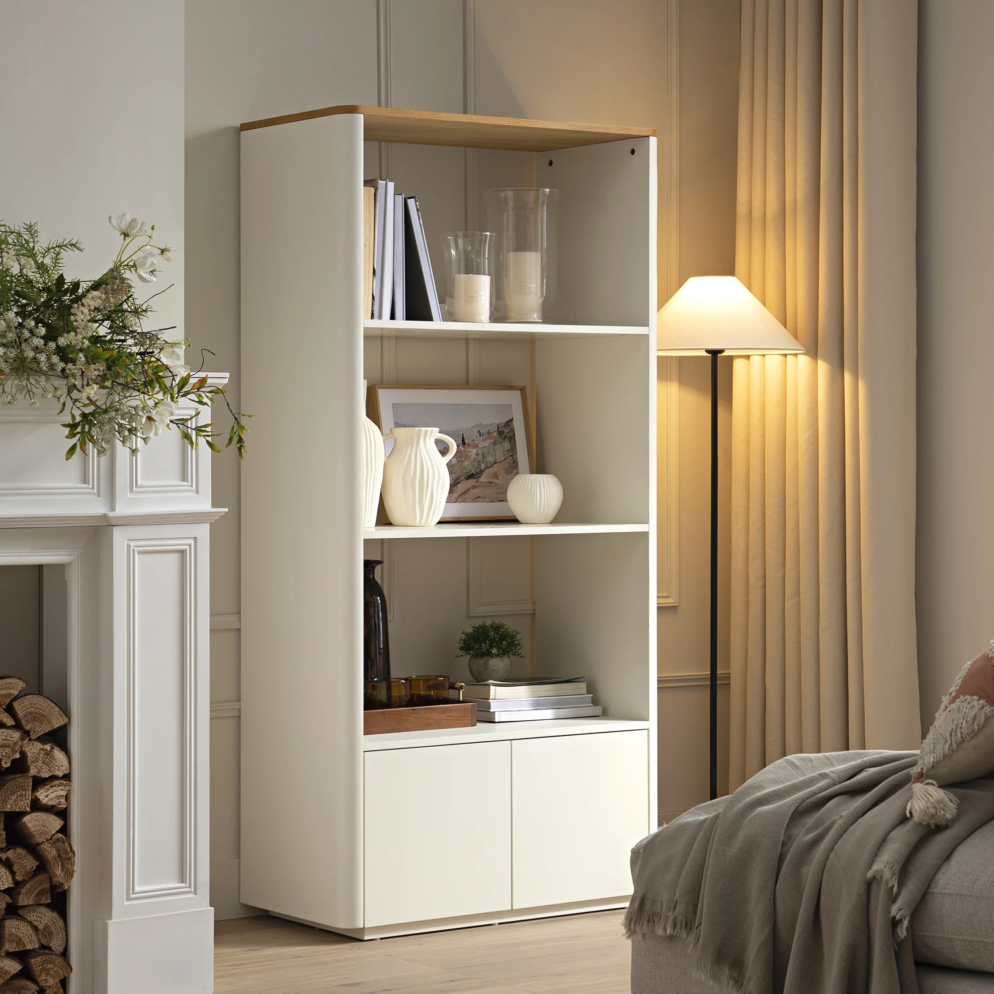Agnes Curved Edge Bookcase, Off White with Oak Top - Image 2