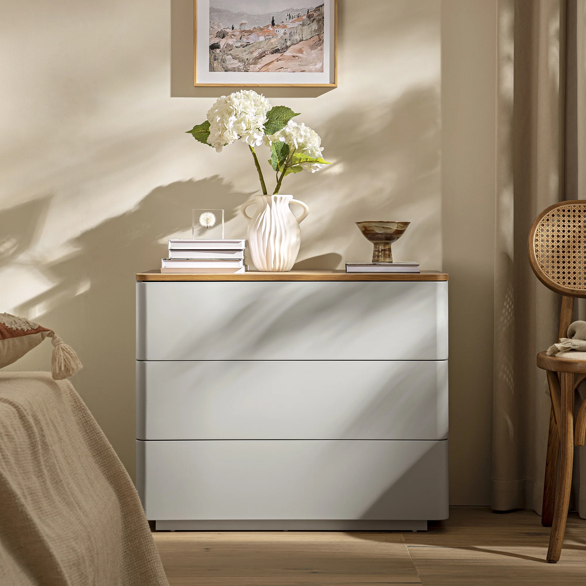Agnes Curved Edge Chest of 3 Drawers, Dove Grey with Oak Top - Image 2
