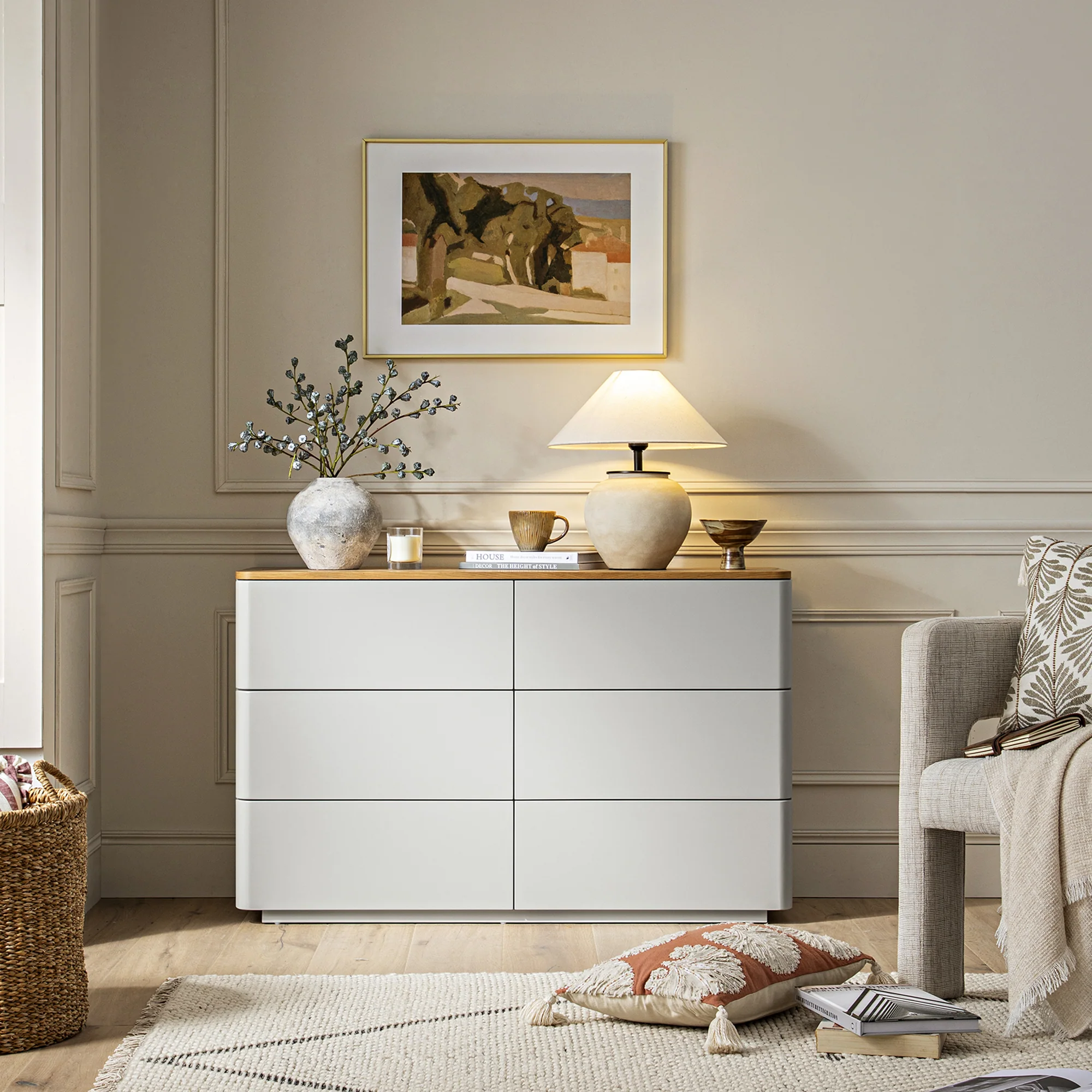 Agnes Curved Edge Chest of 6 Drawers, Dove Grey with Oak Top - Image 2
