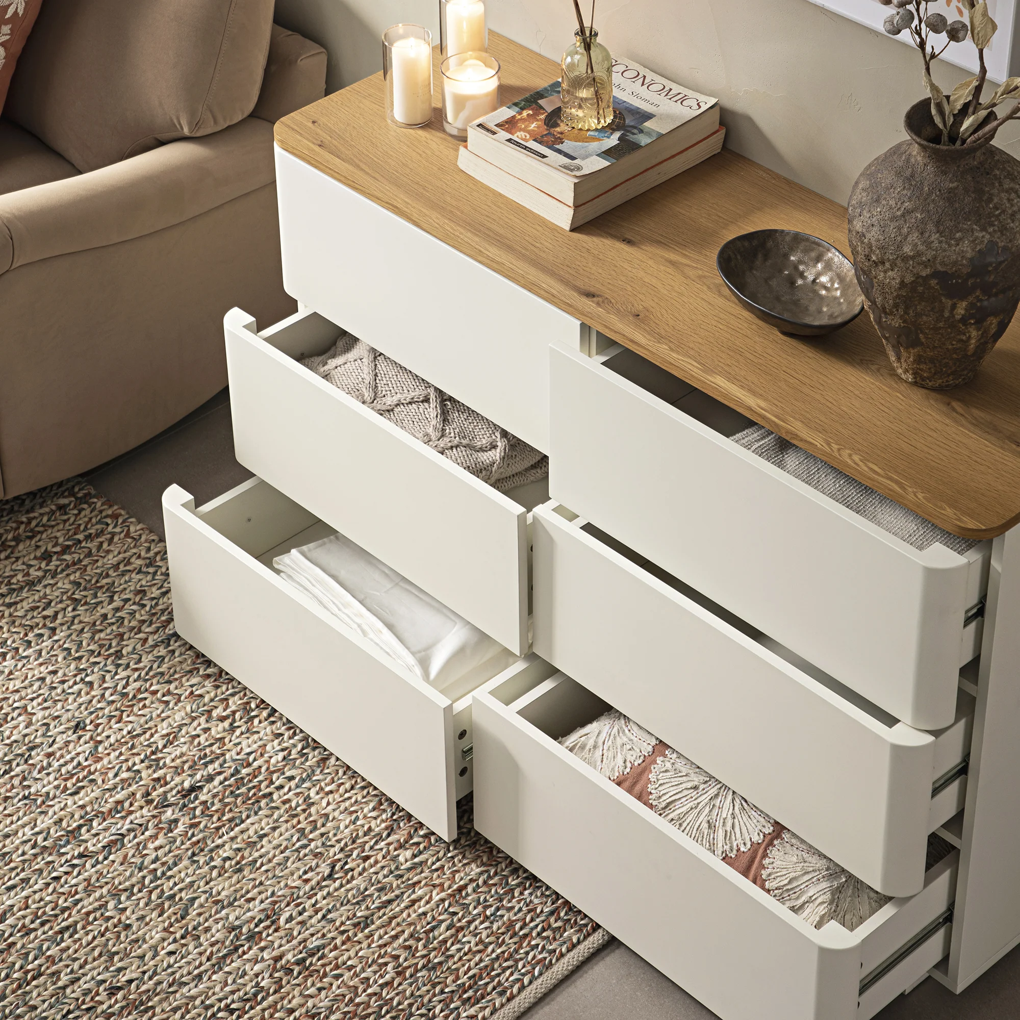 Agnes Curved Edge Chest of 6 Drawers, Off White with Oak Top - Image 4