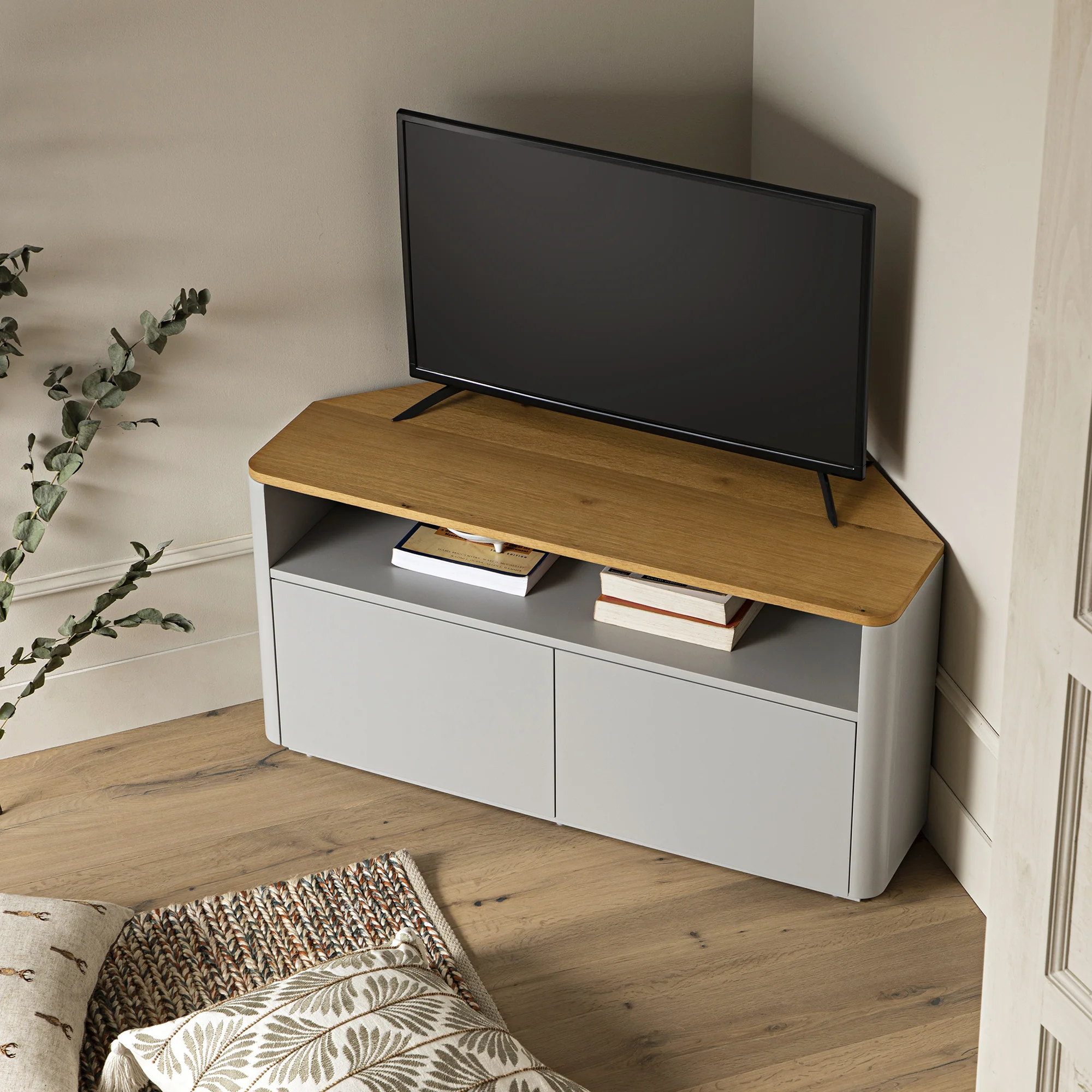 Agnes Curved Edge Corner TV Unit, Dove Grey with Oak Top - Image 3