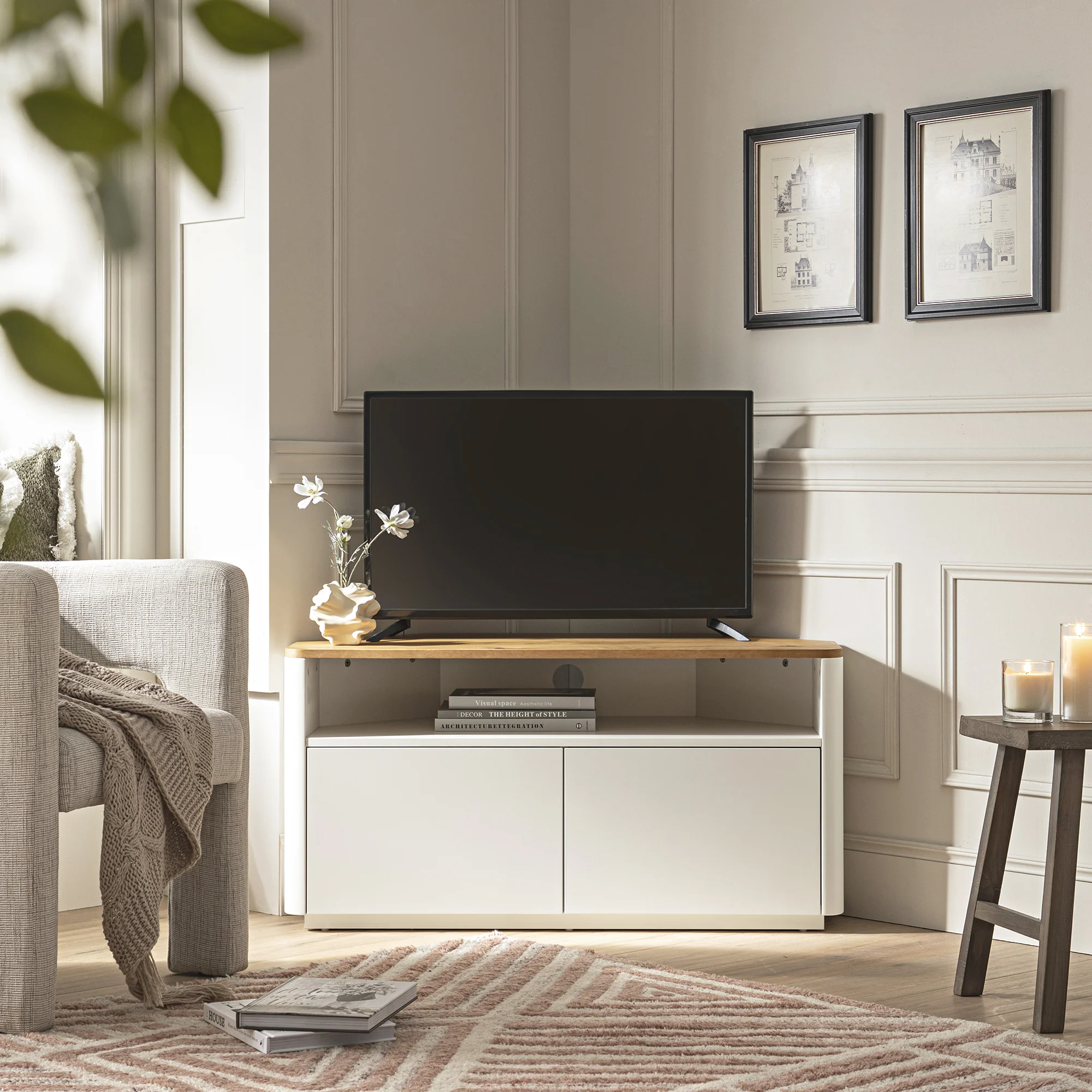 Agnes Curved Edge Corner TV Unit, Off White with Oak Top - Image 2
