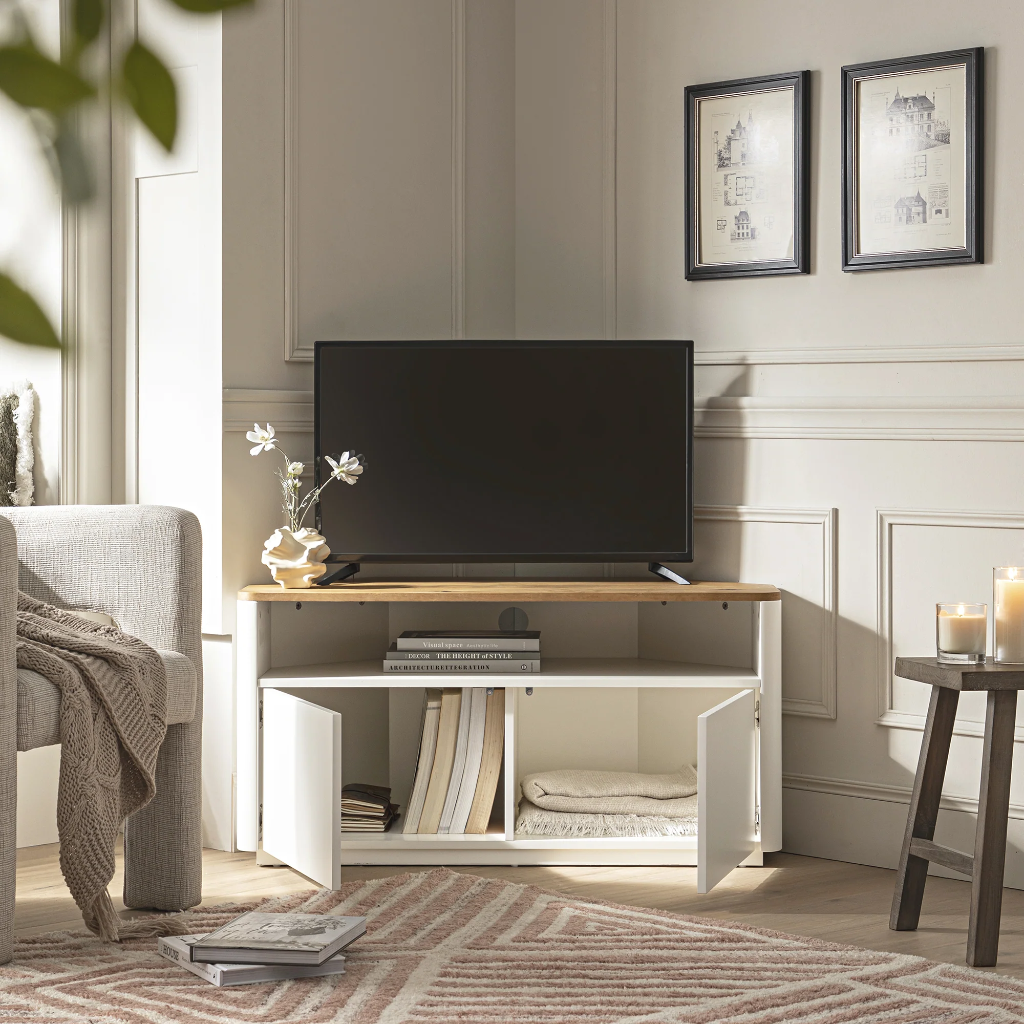 Agnes Curved Edge Corner TV Unit, Off White with Oak Top - Image 3