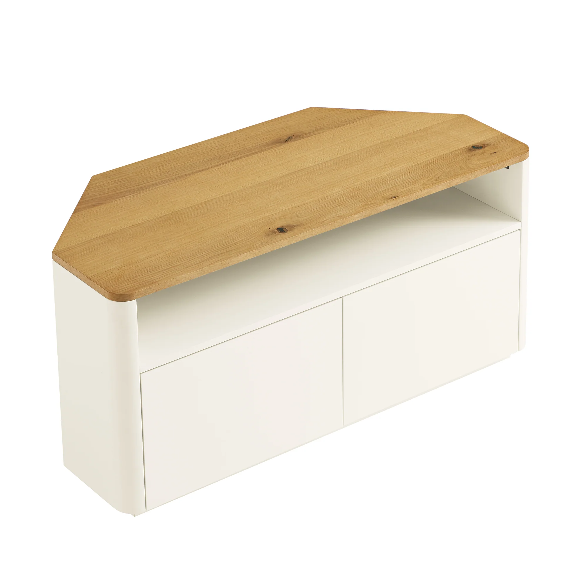 Agnes Curved Edge Corner TV Unit, Off White with Oak Top - Image 9