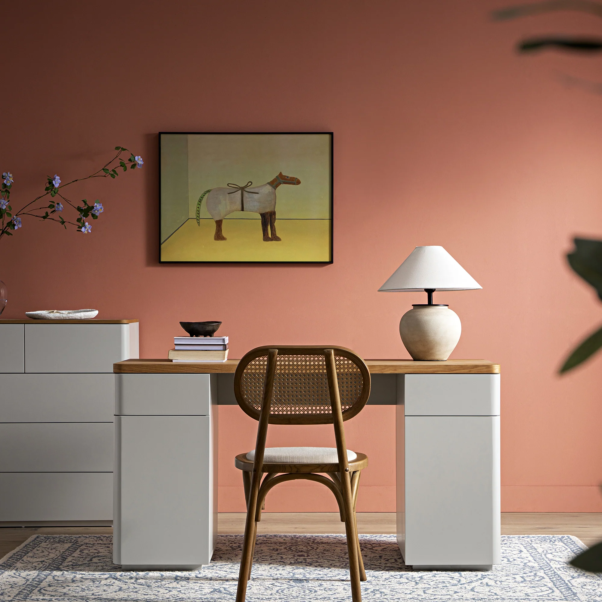 Agnes Curved Edge Desk with Storage, Dove Grey with Oak Top - Image 2
