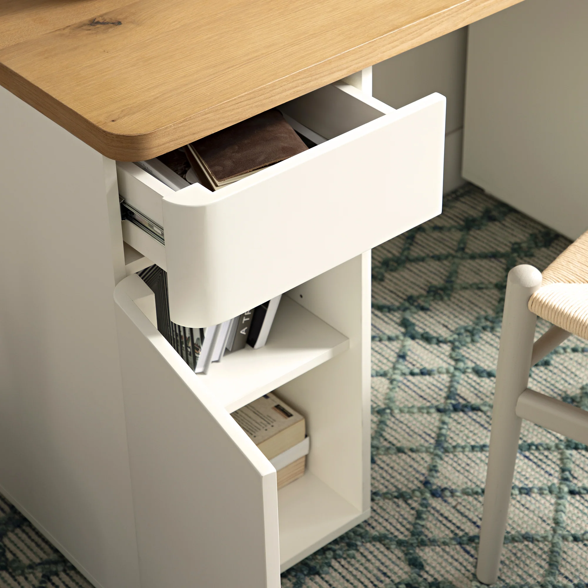Agnes Curved Edge Desk with Storage, Off White with Oak Top - Image 4