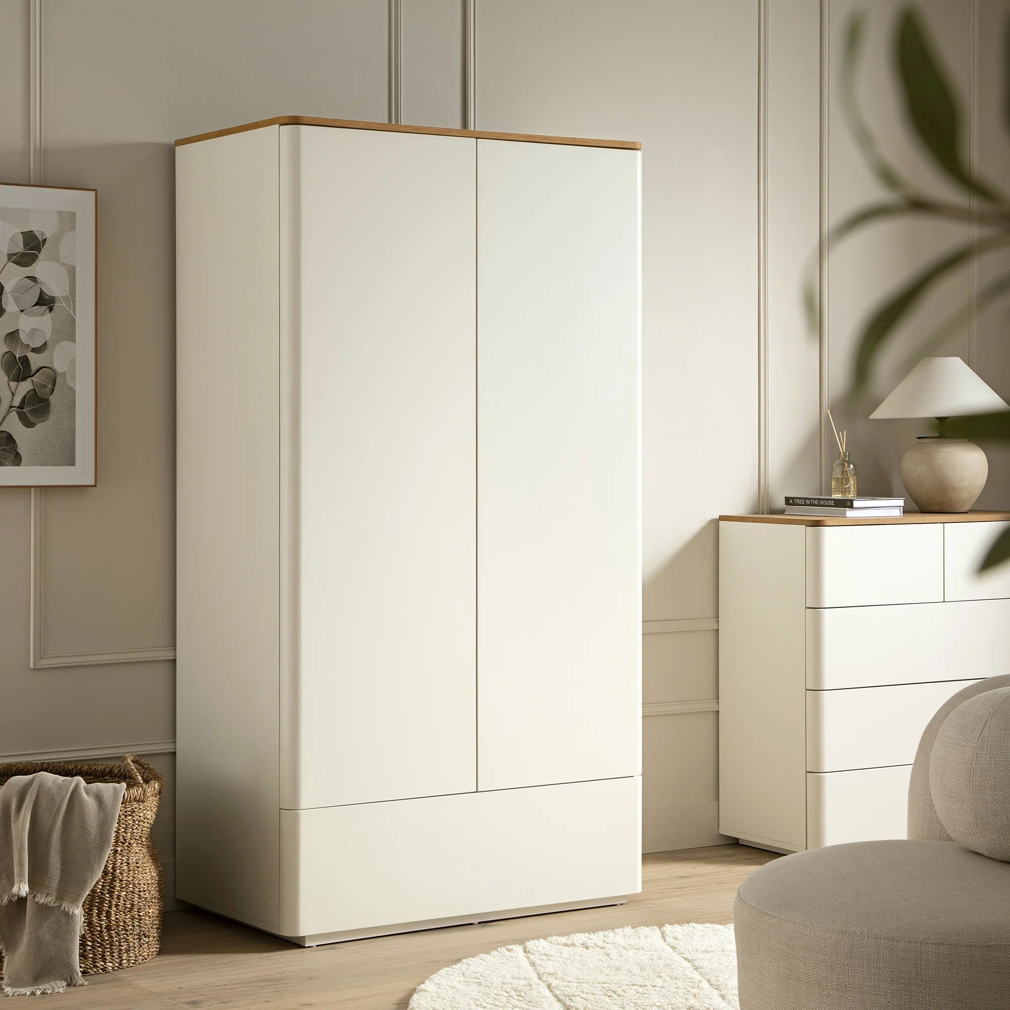 Agnes Curved Edge Double Wardrobe, Off White with Oak Top - Image 2