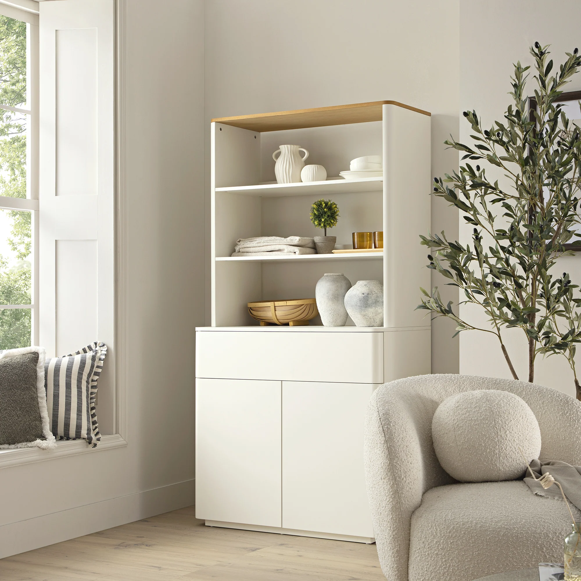 Agnes Curved Edge Dresser, Off White with Oak Top - Image 2