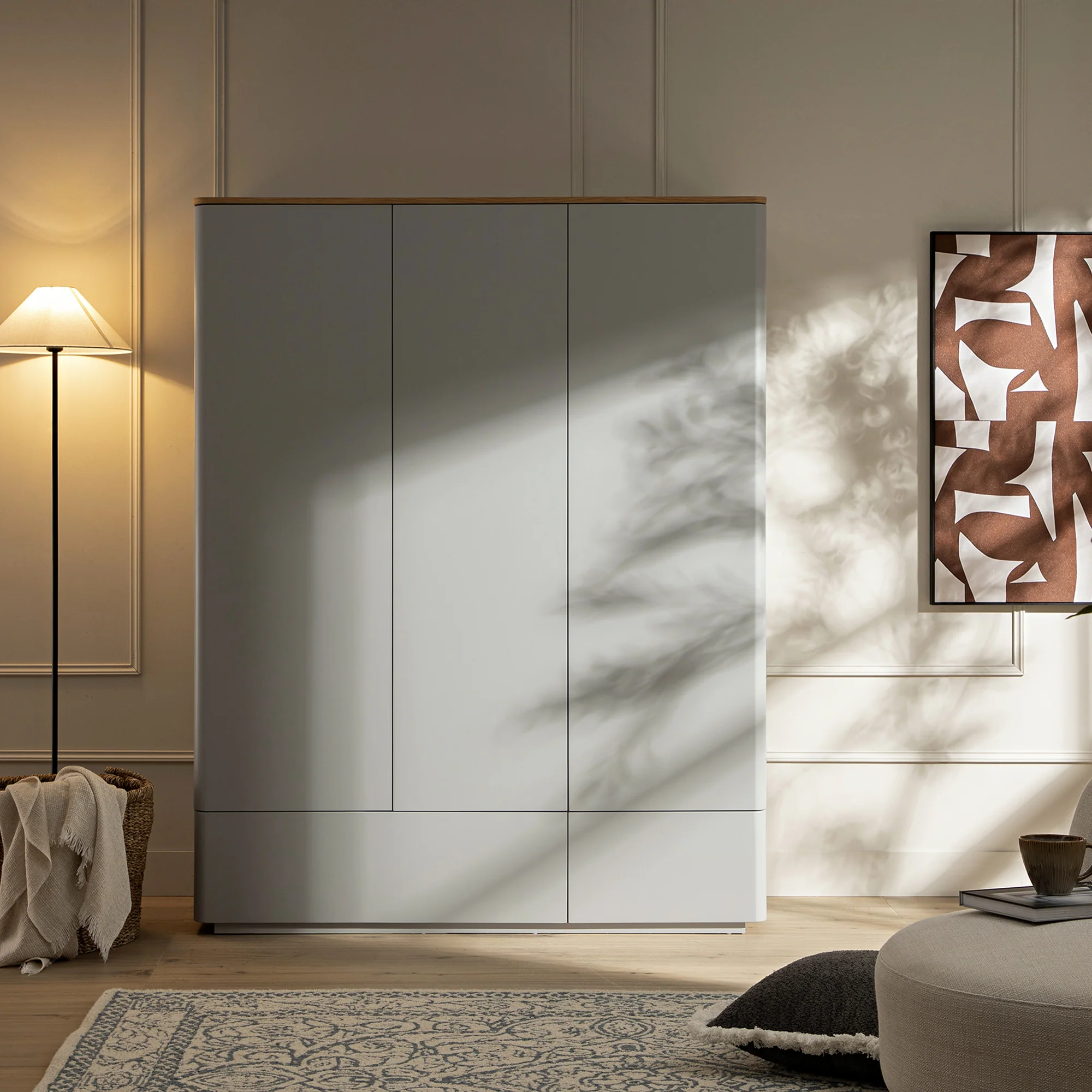 Agnes Curved Edge Triple Wardrobe, Dove Grey with Oak Top - Image 2