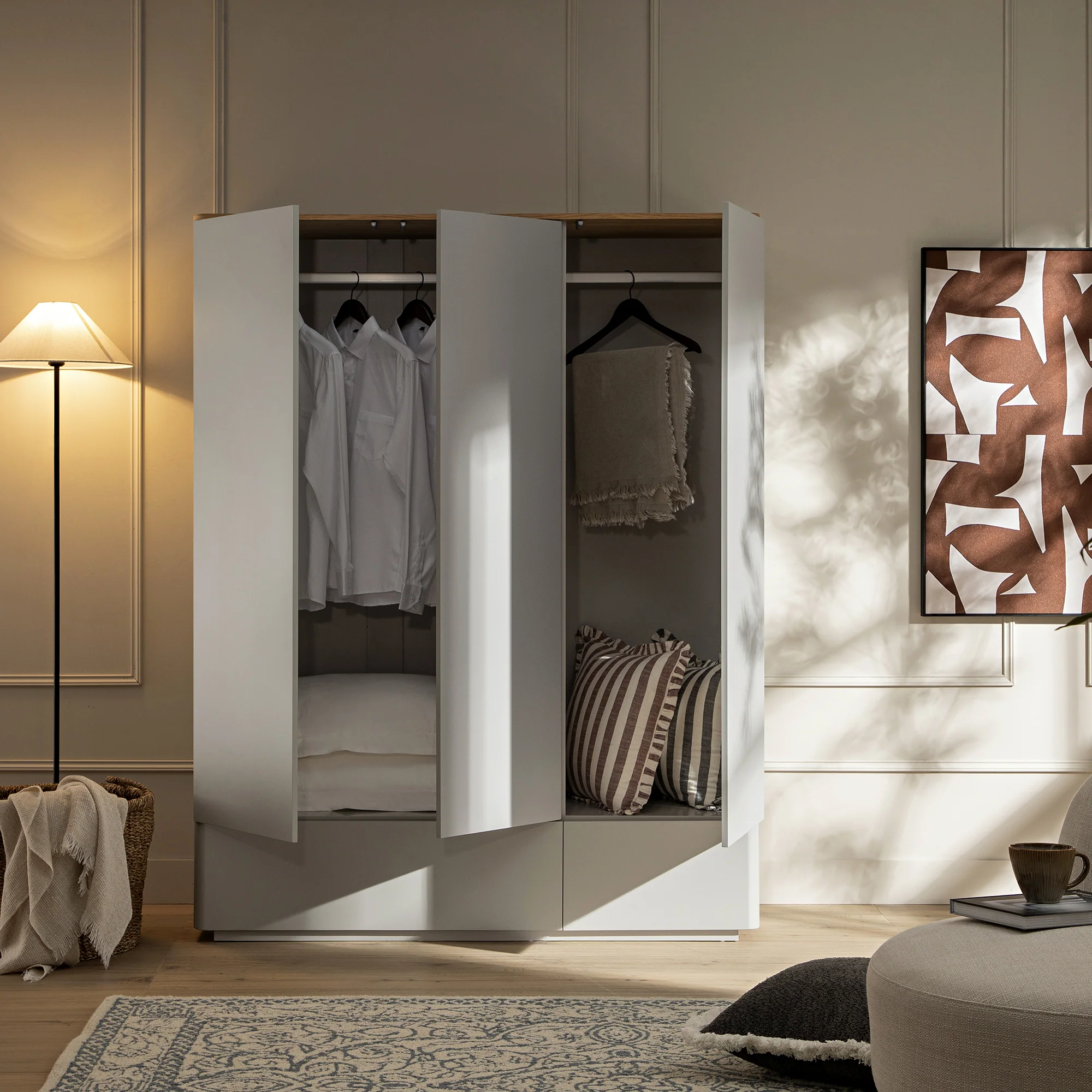 Agnes Curved Edge Triple Wardrobe, Dove Grey with Oak Top - Image 3