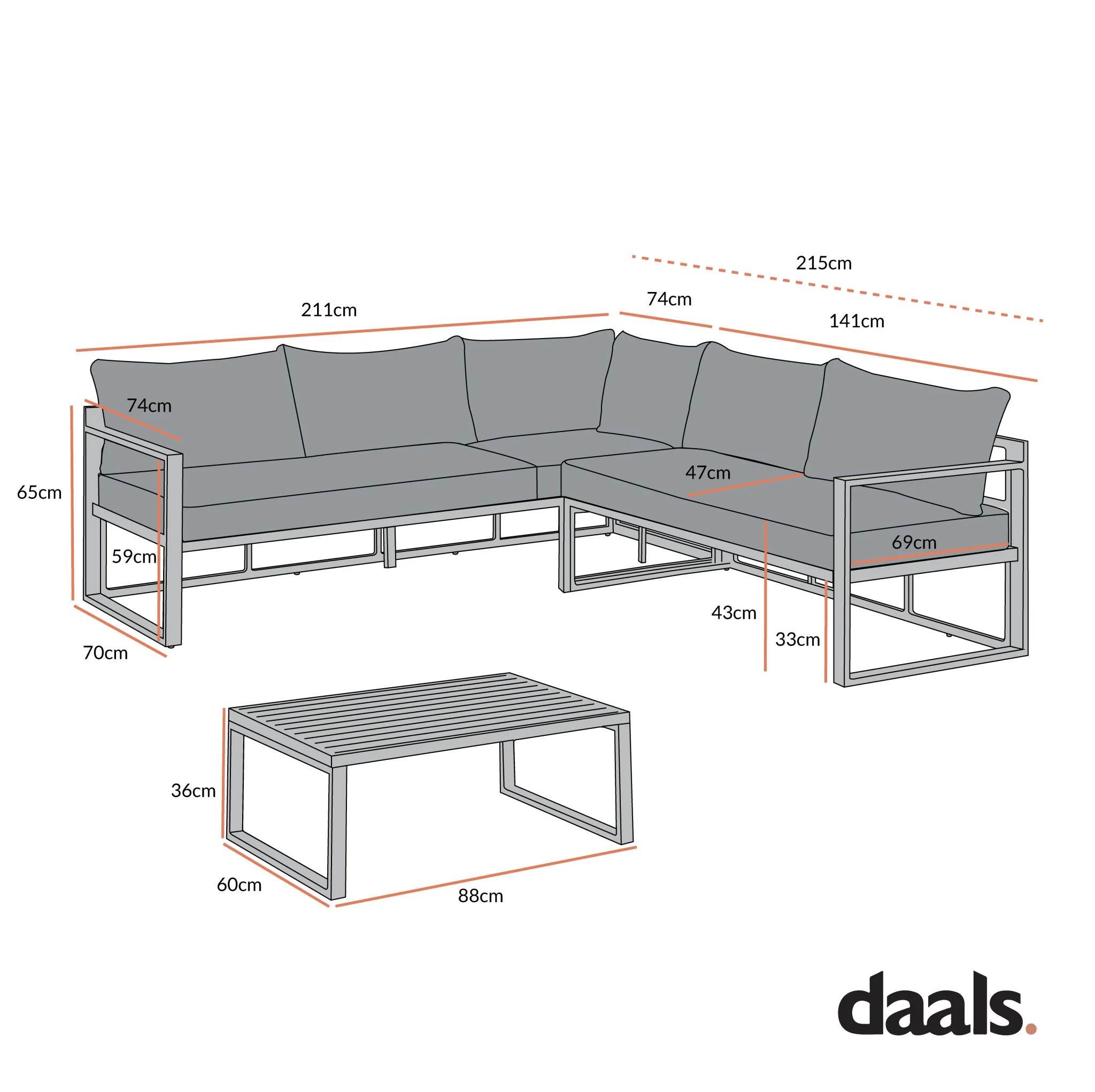 Albany Aluminium Corner Sofa Set with Reclining Back and Coffee Table, White - Image 7