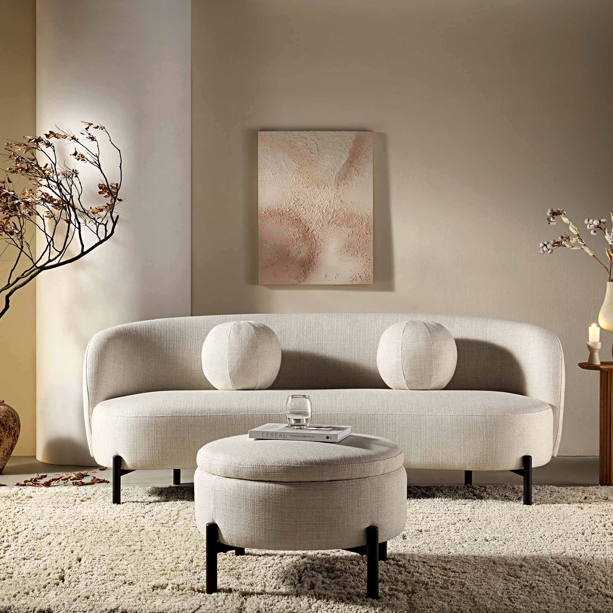 Amboise 3-Seater Curved Sofa with Ball Cushions, Beige Linen Blend - Image 2