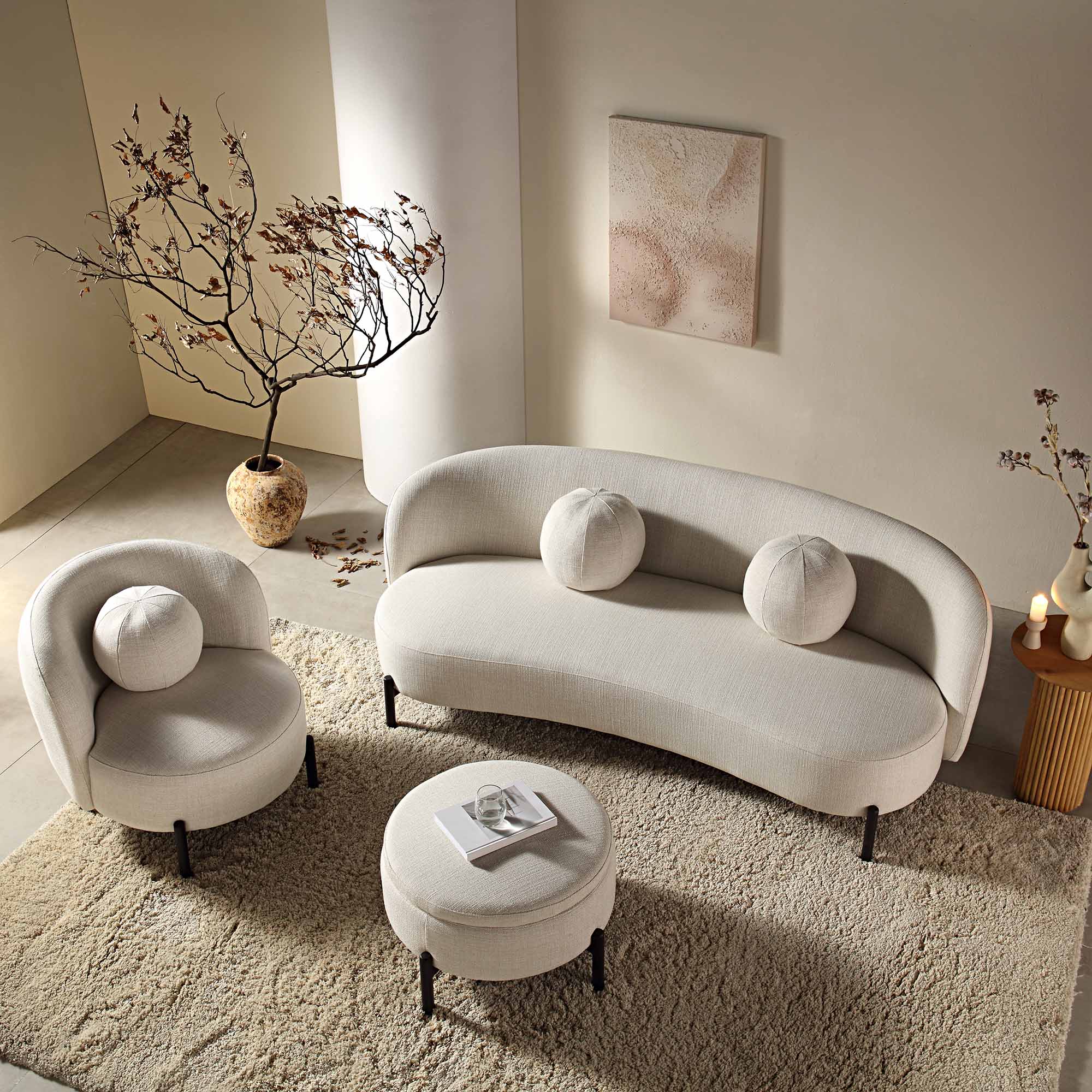 Amboise 3-Seater Curved Sofa with Ball Cushions, Beige Linen Blend - Image 5