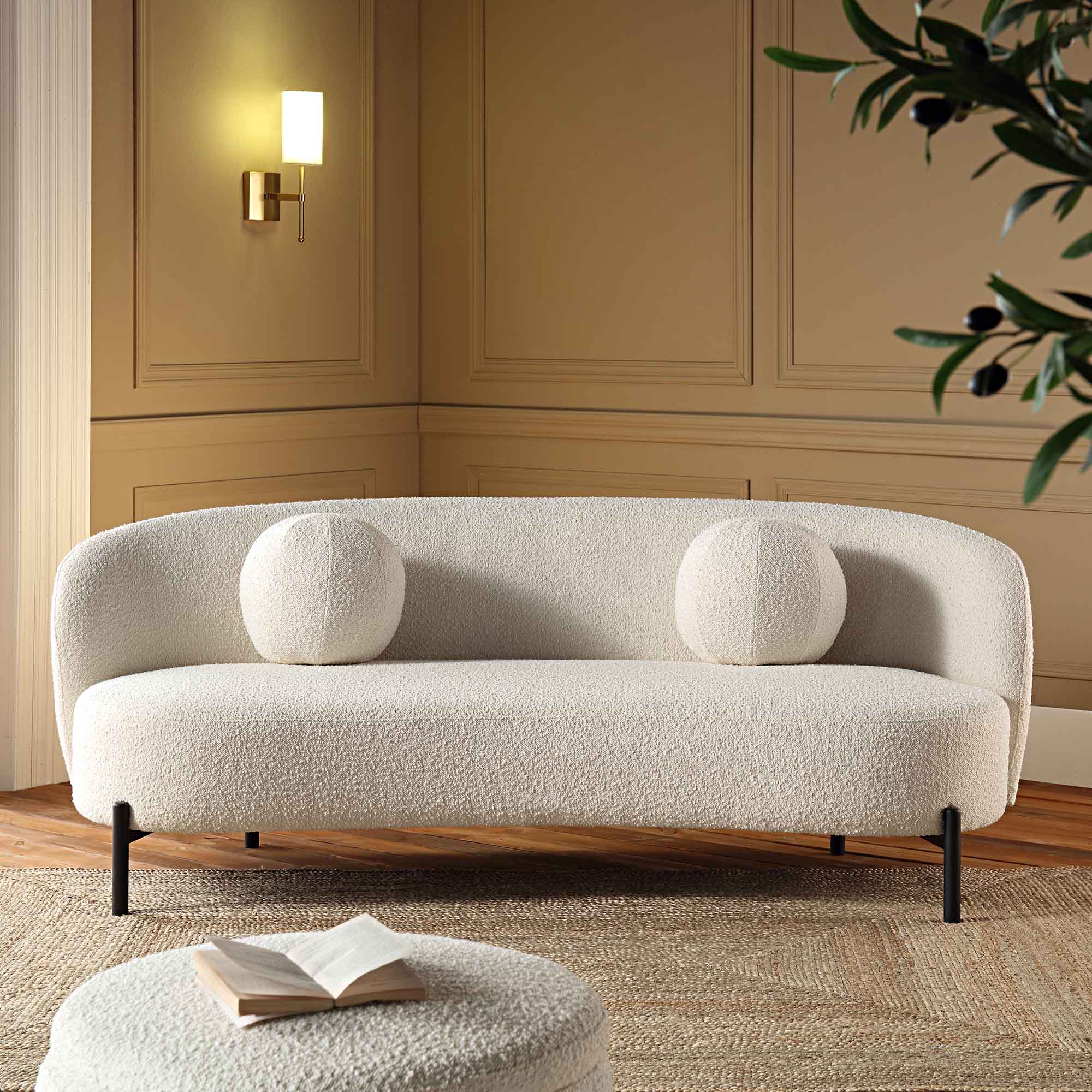 Amboise 3-Seater Curved Sofa with Ball Cushions, Ecru Boucle - Image 3