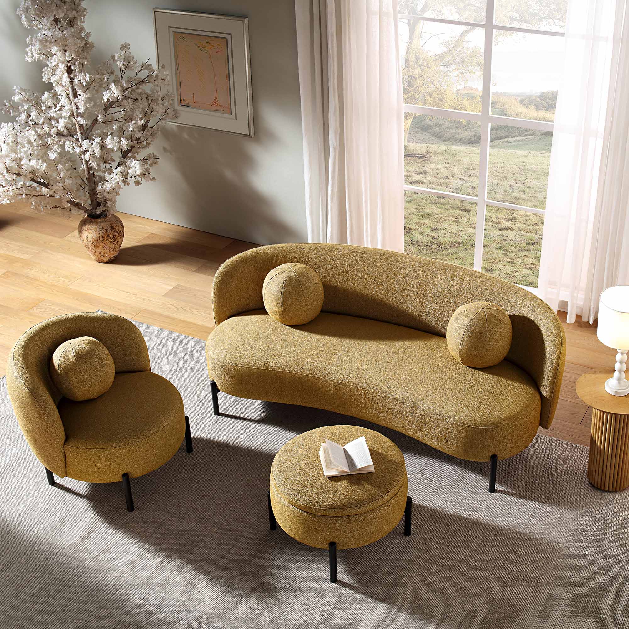 Amboise 3-Seater Curved Sofa with Ball Cushions, Marigold Textured Fabric - Image 4