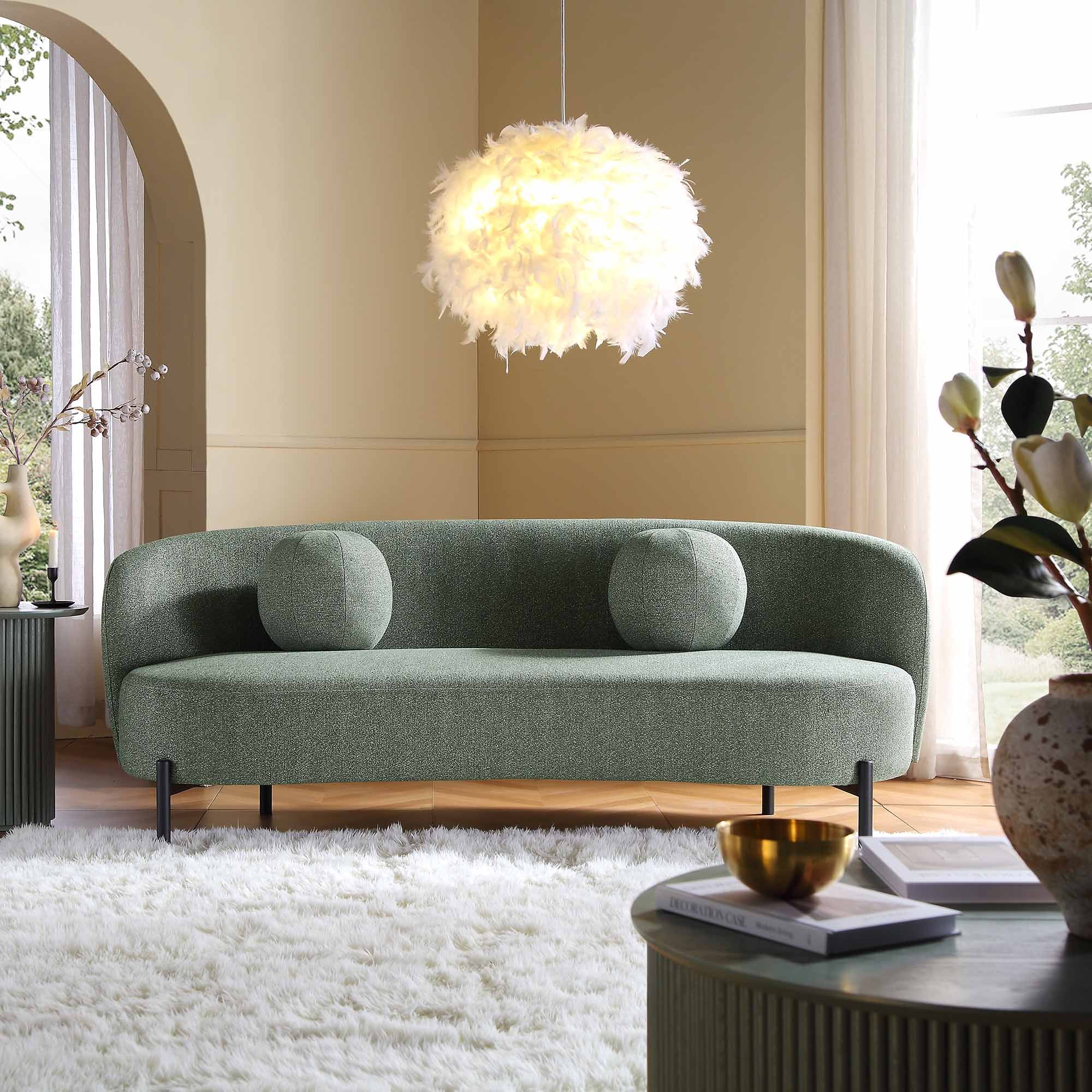 Amboise 3-Seater Curved Sofa with Ball Cushions, Spruce Green Textured Fabric - Image 2