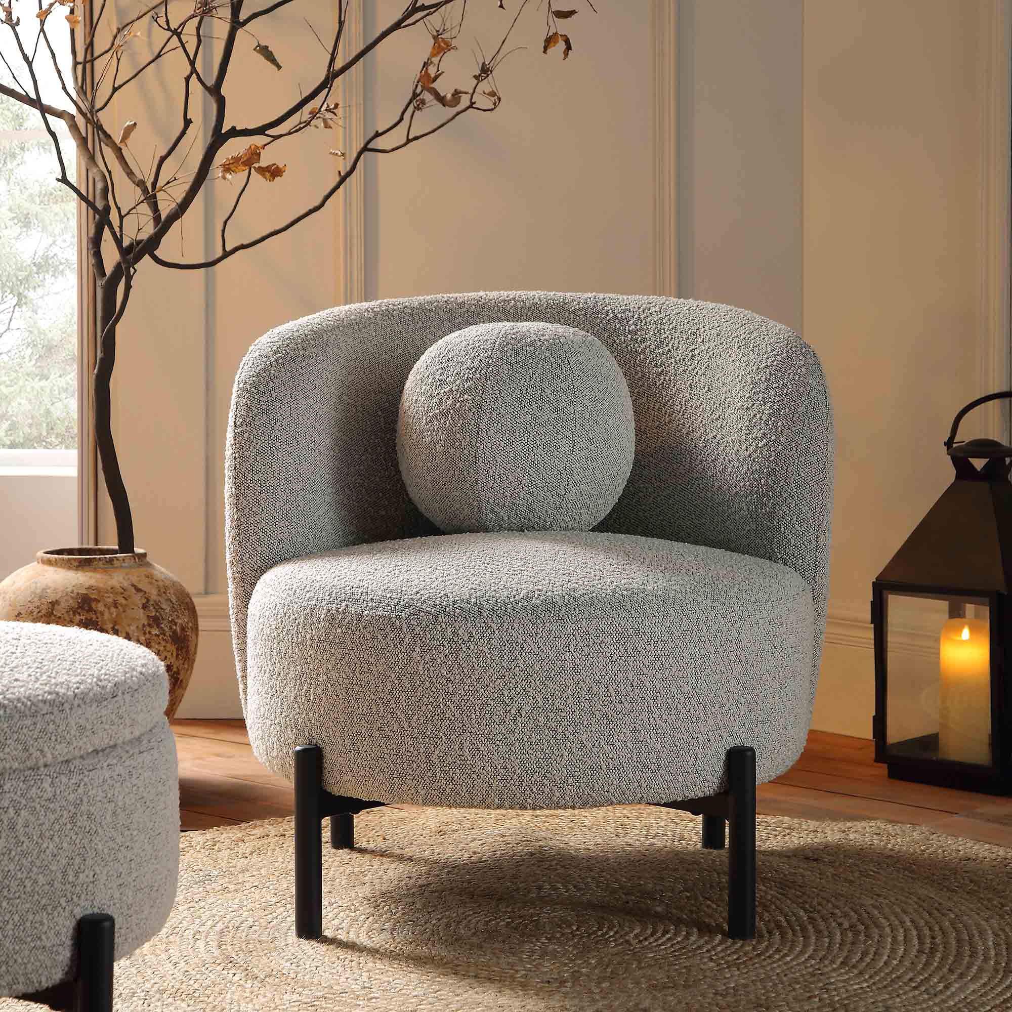 Amboise Armchair with Ball Cushion, Mist Grey Boucle - Image 2
