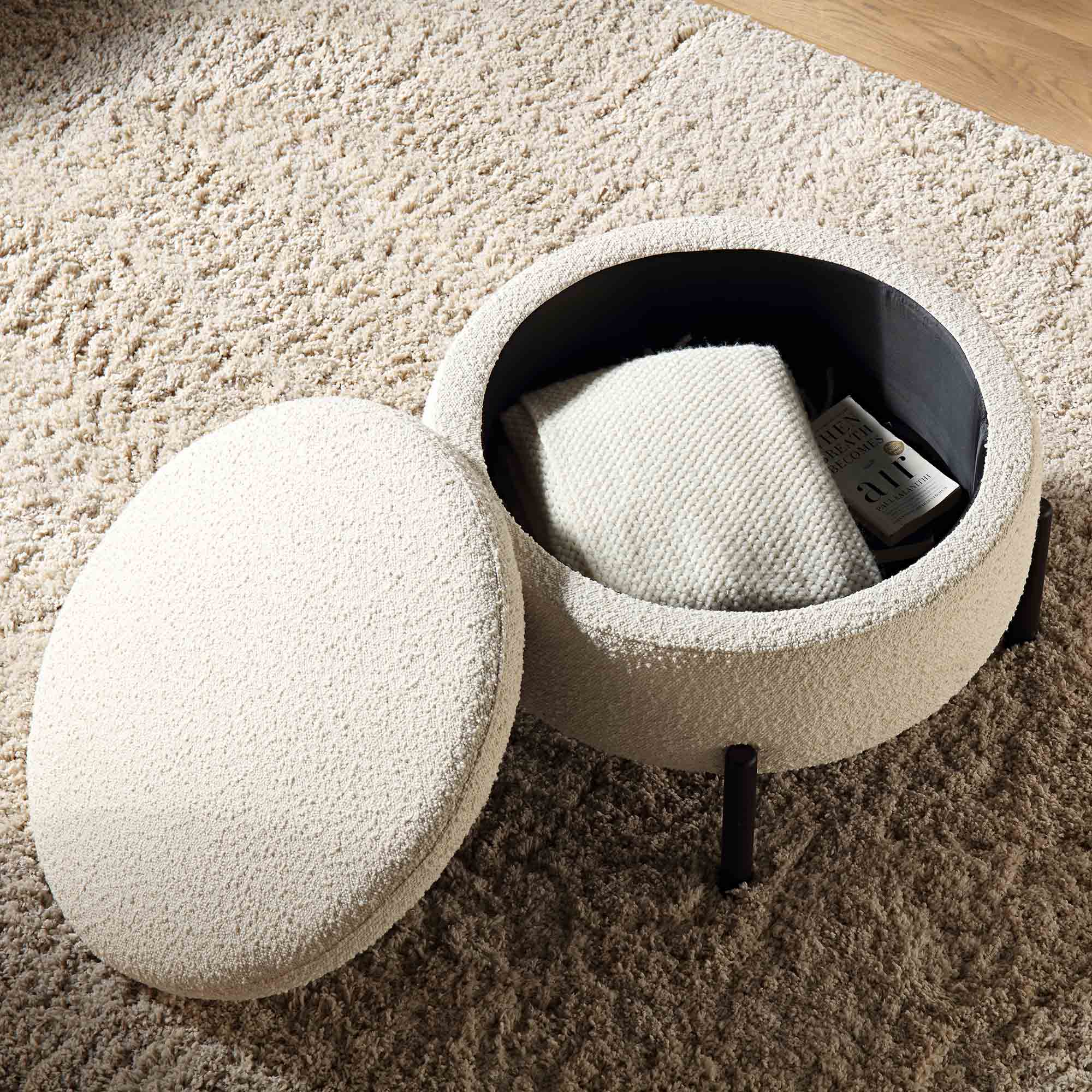 Amboise Round Storage Pouffe, Ecru Boucle - Image 3