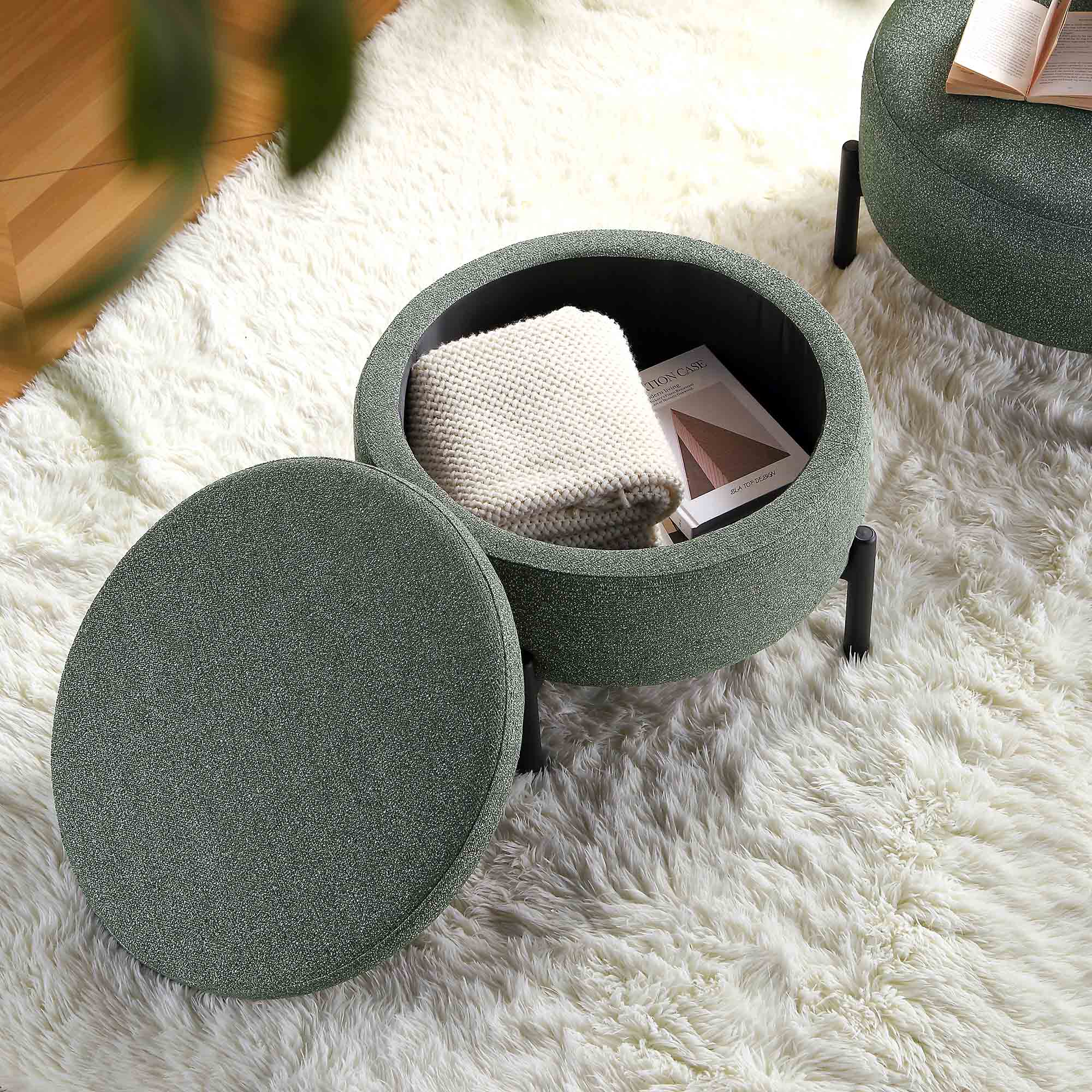 Amboise Round Storage Pouffe, Spruce Green Textured Fabric - Image 3