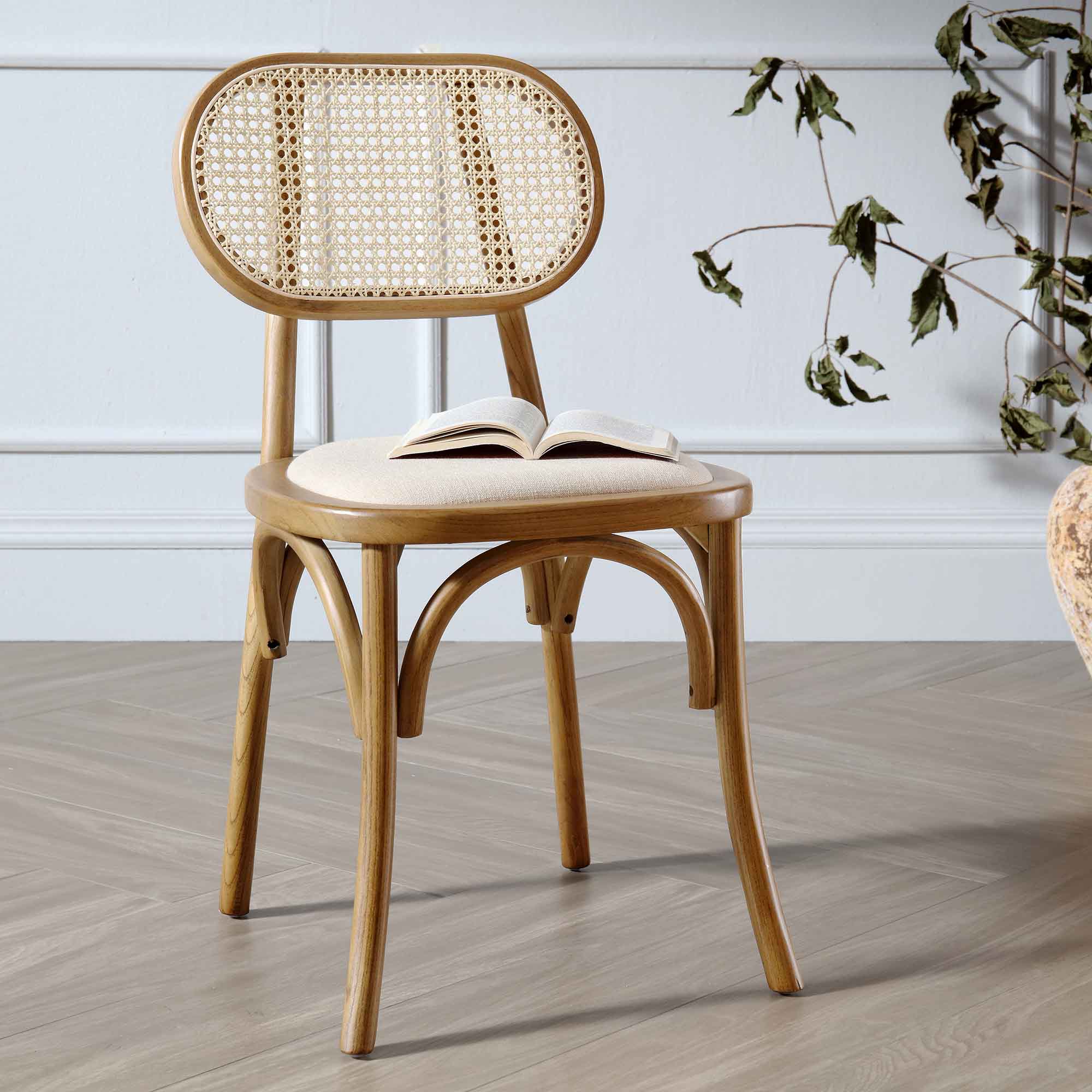 Anya Set of 2 Cane Rattan and Upholstered Dining Chairs, Light Walnut - Image 2