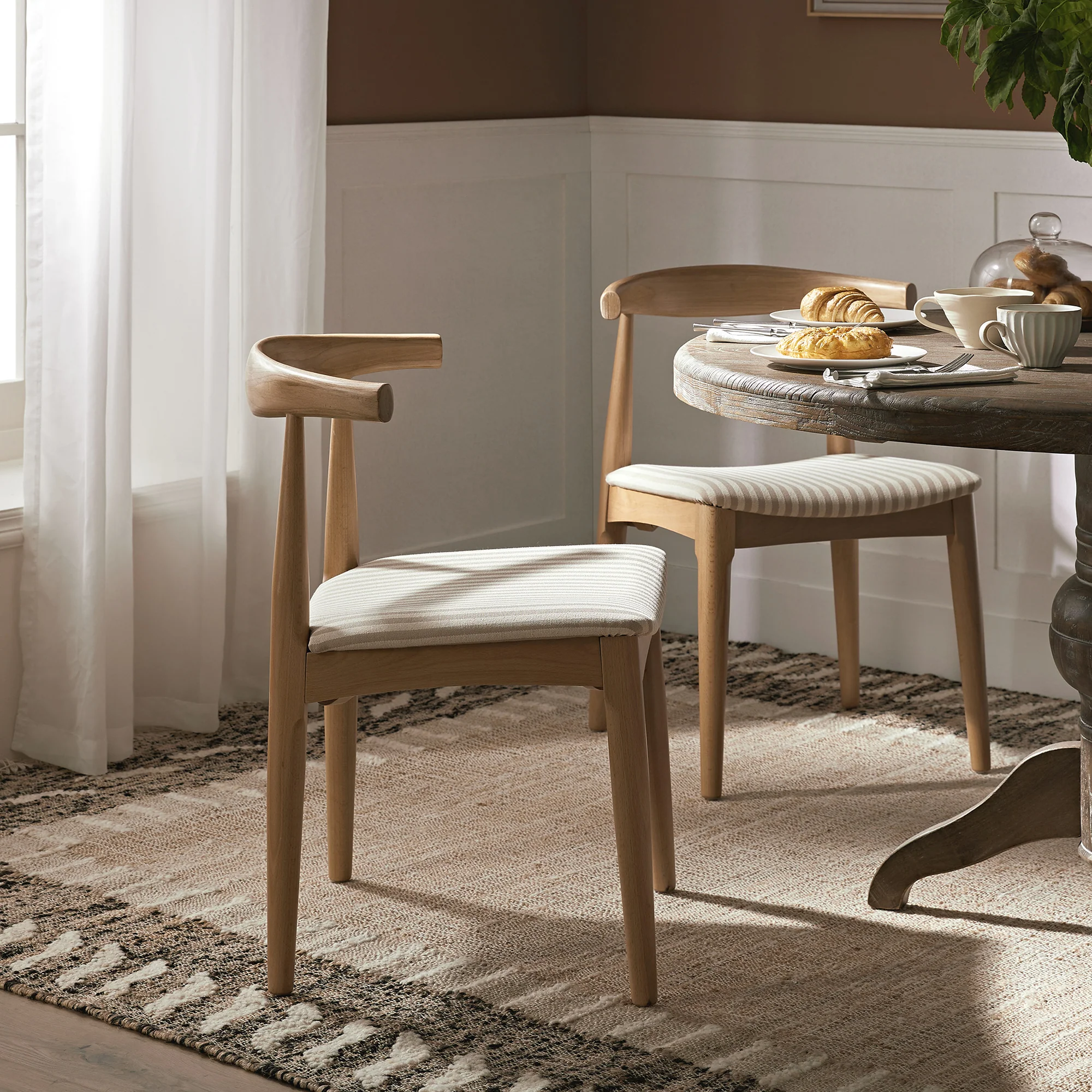 Arley Set of 2 Beech Wood Dining Chairs, Natural and Light Taupe Striped - Image 3